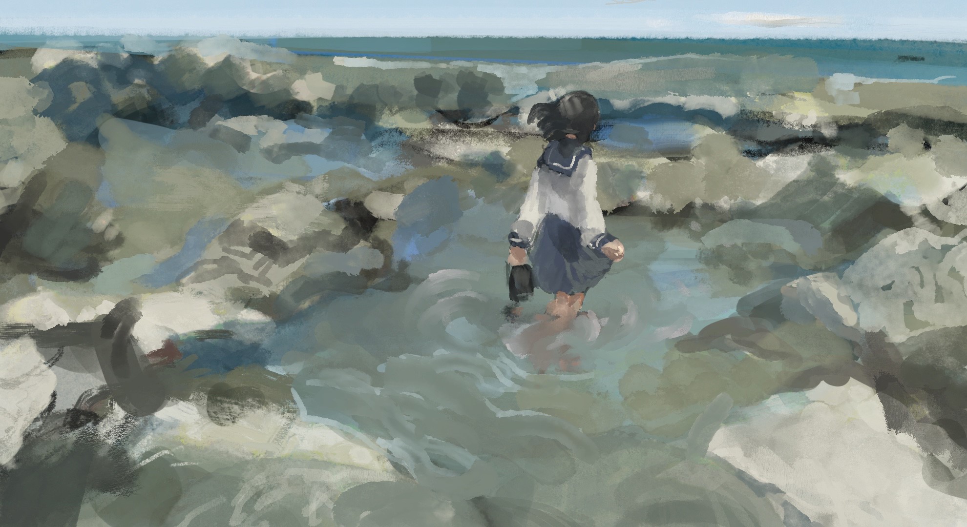 Girl in school uniform wading in the ocean HD Wallpaper