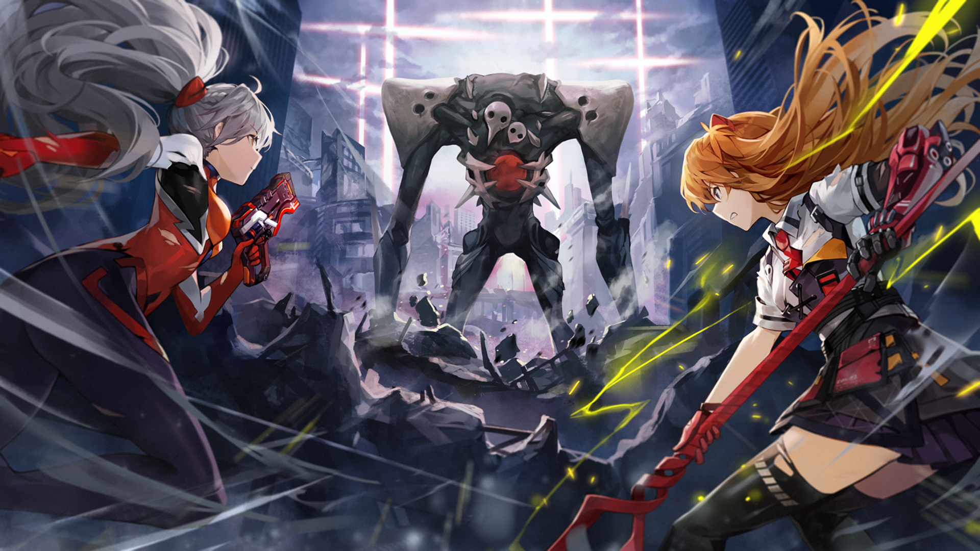 Kiana Kaslana and Asuka Langley Soryu from Honkai Impact 3rd and Neon Genesis Evangelion fighting Sachiel HD Wallpaper