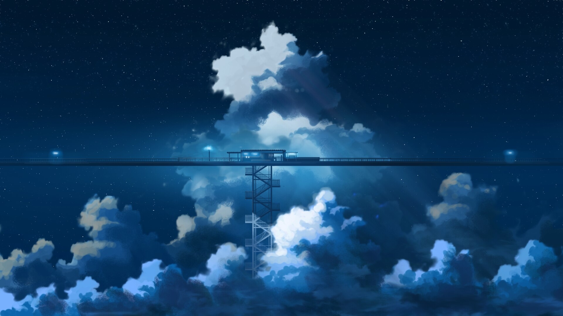 Anime train station in the clouds at night HD Wallpaper