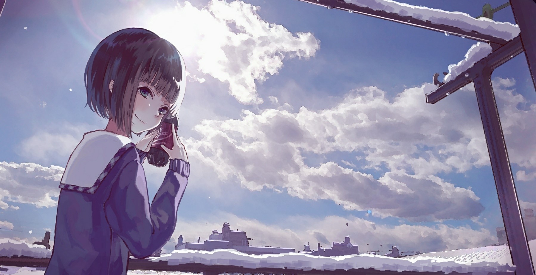 Anime girl with dark hair holding a cola bottle HD Wallpaper