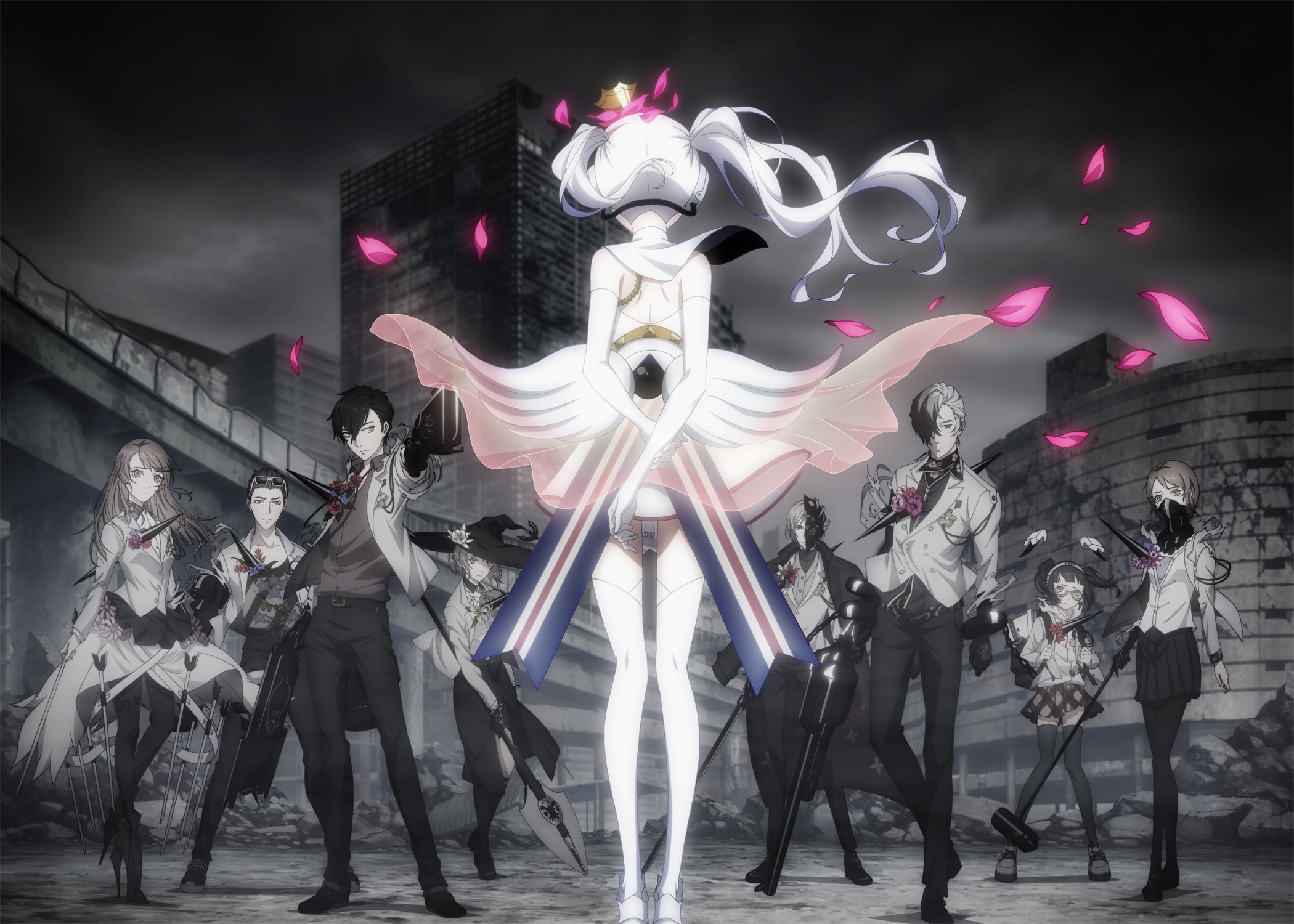 Anime characters with white hair and weapons in ruined city HD Wallpaper