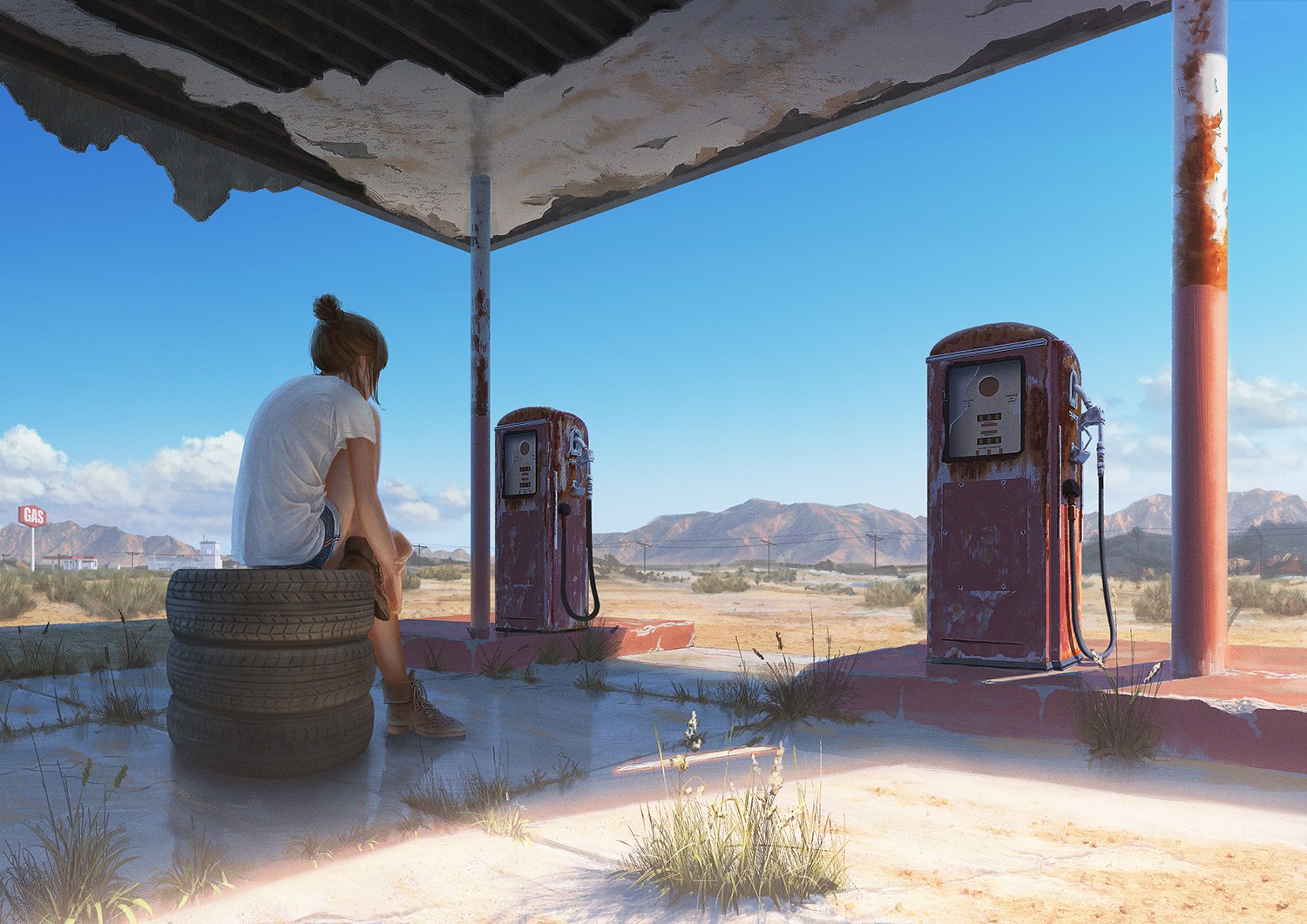 Girl sitting on tires at abandoned gas station HD Wallpaper