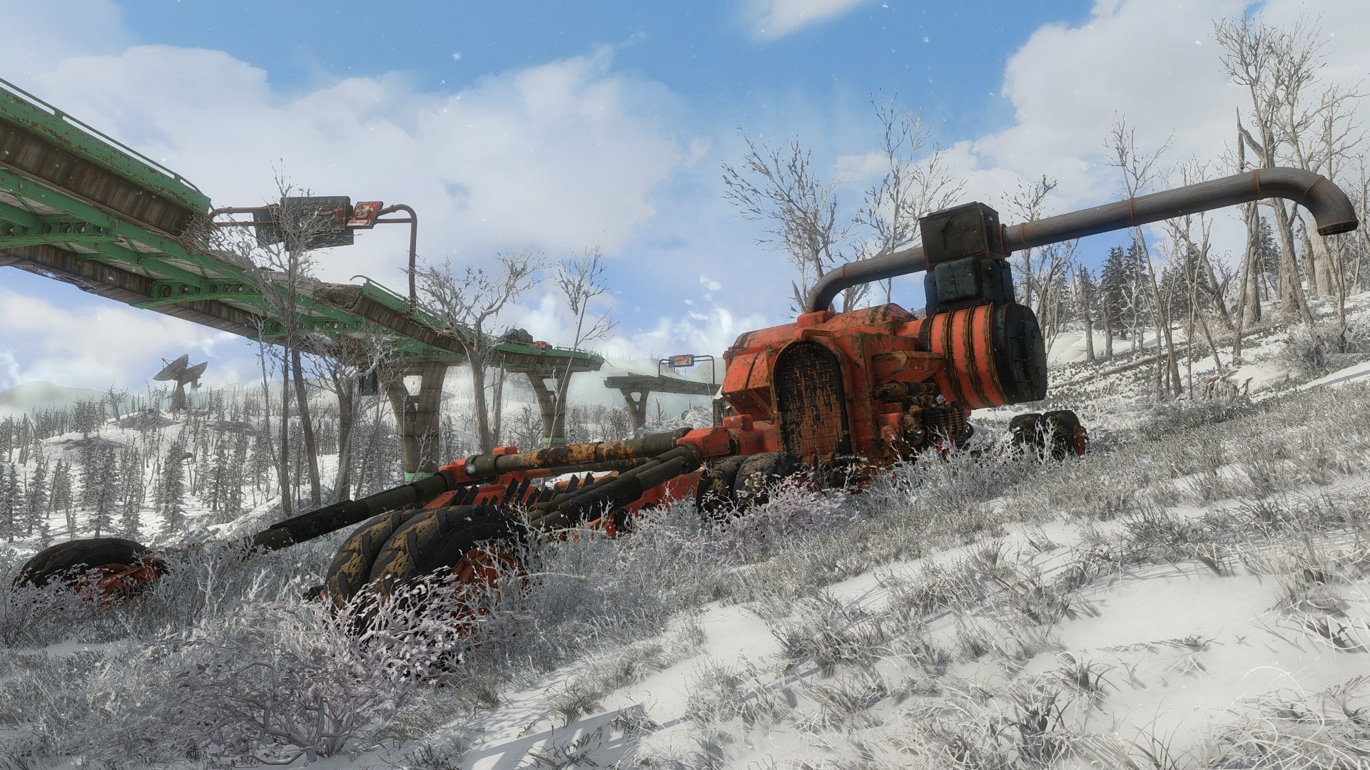 Fallout 4 screenshot of a crashed vehicle in winter HD Wallpaper