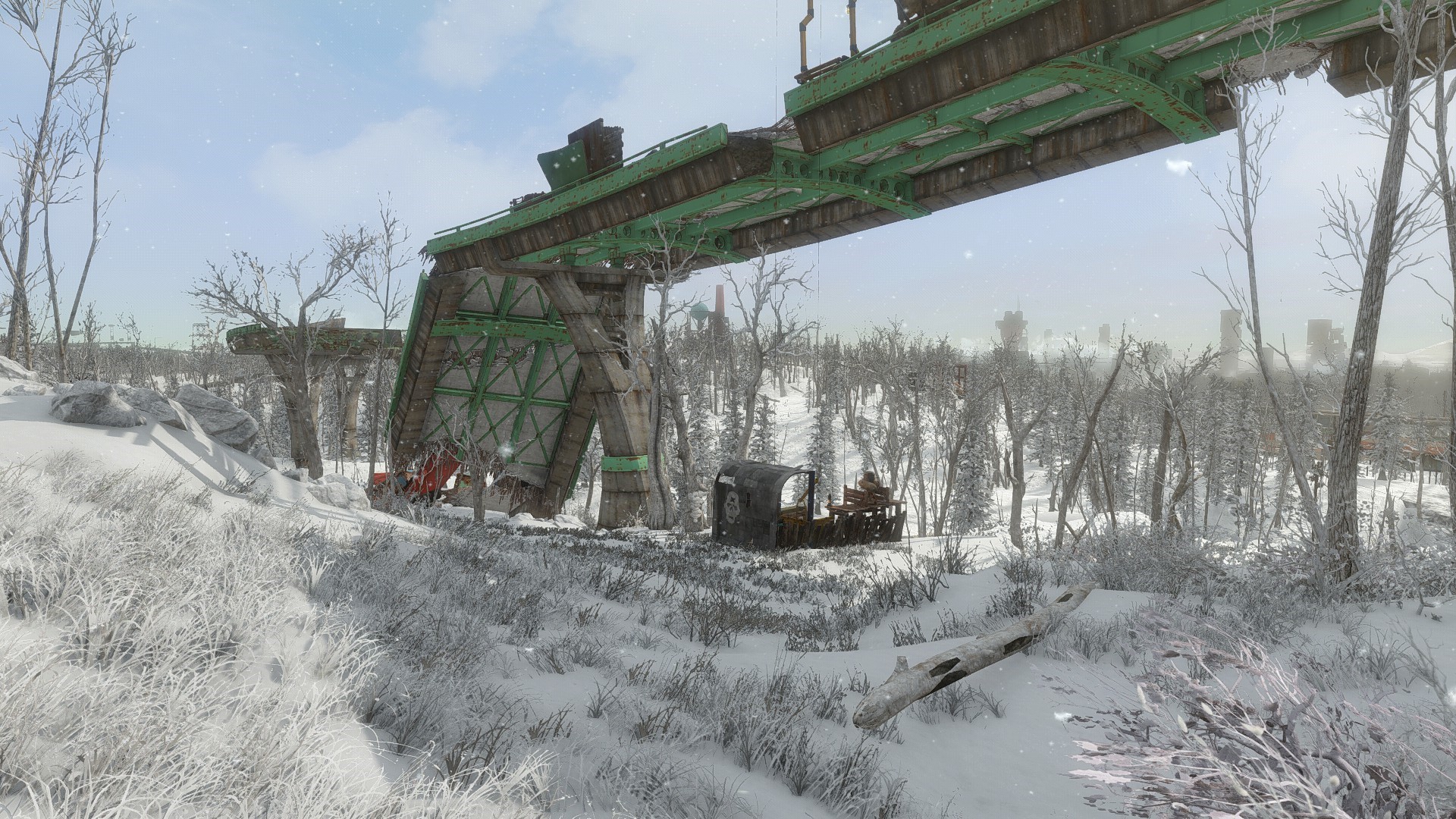 Fallout 4 screenshot of a winter landscape with a damaged bridge HD Wallpaper