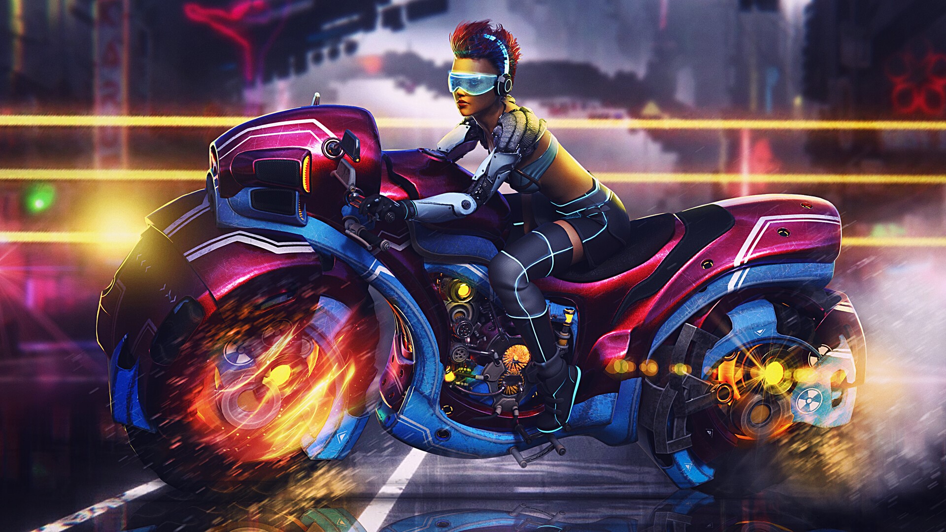Cyberpunk woman riding a futuristic motorcycle HD Wallpaper