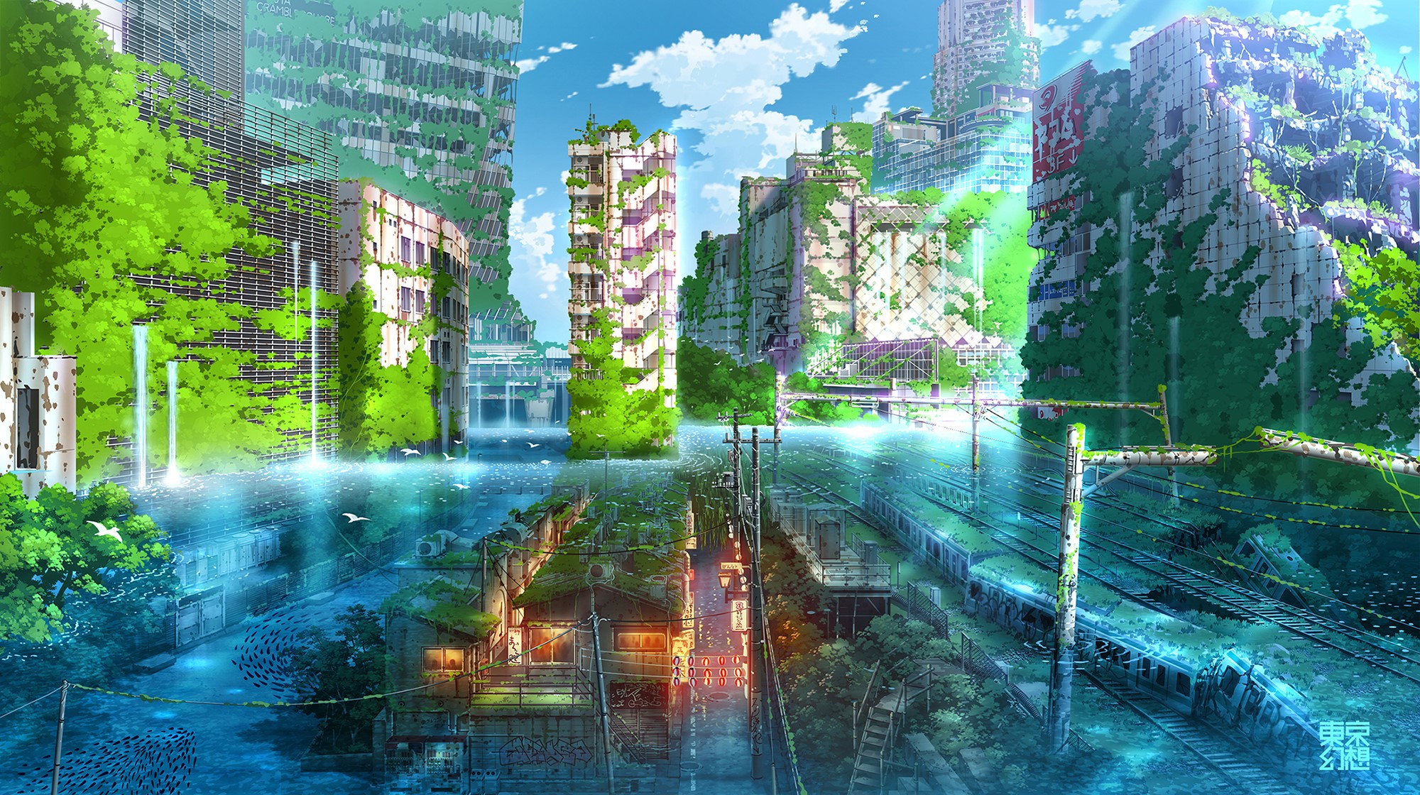 Ruined city with overgrown buildings and flooded streets HD Wallpaper