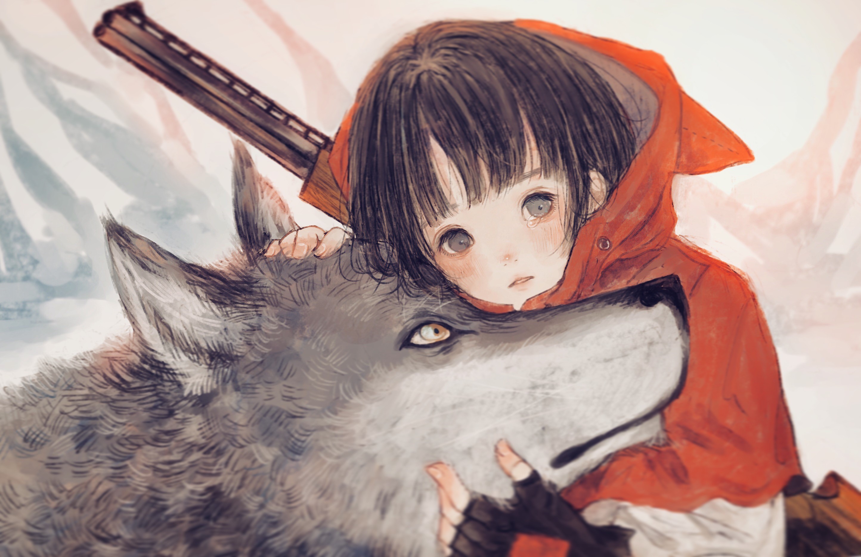 Girl in Red Hood with Wolf and Gun HD Wallpaper
