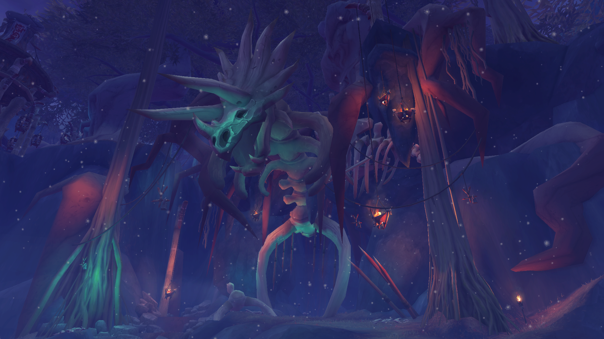 Giant skeletal remains in a dark, snowy forest HD Wallpaper