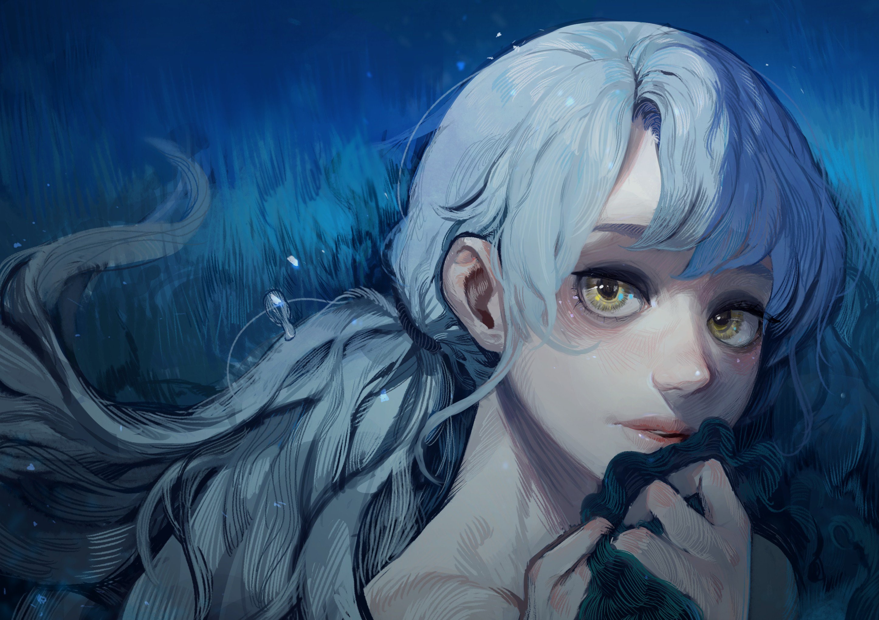 Woman with blue hair and yellow eyes HD Wallpaper
