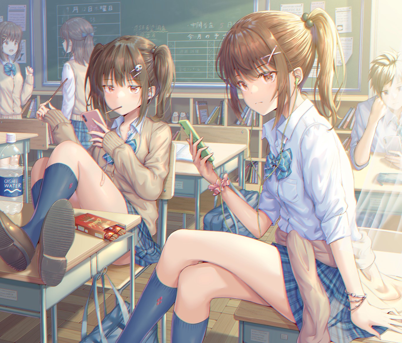 Anime schoolgirls in a classroom HD Wallpaper