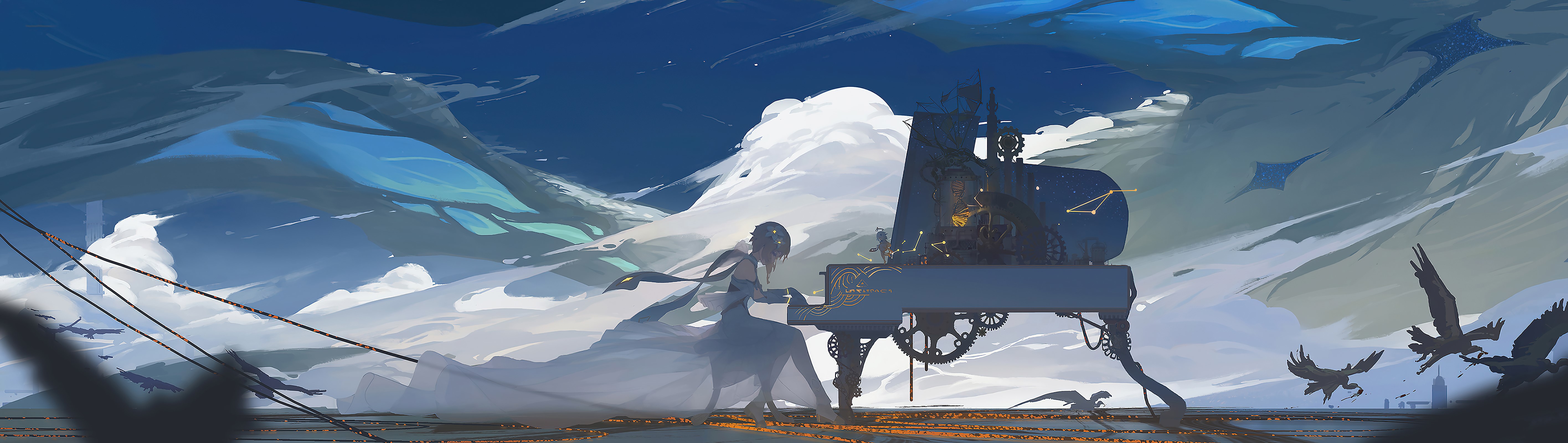 Lumine from Genshin Impact playing a piano with birds flying HD Wallpaper