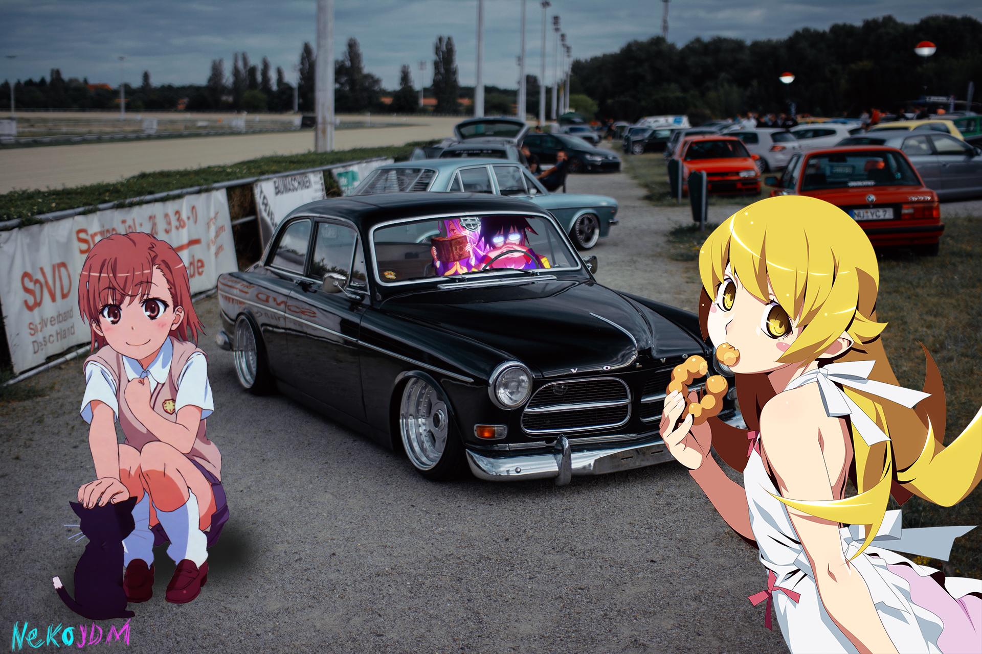 Misaka Mikoto and Oshino Shinobu with a Volvo car HD Wallpaper
