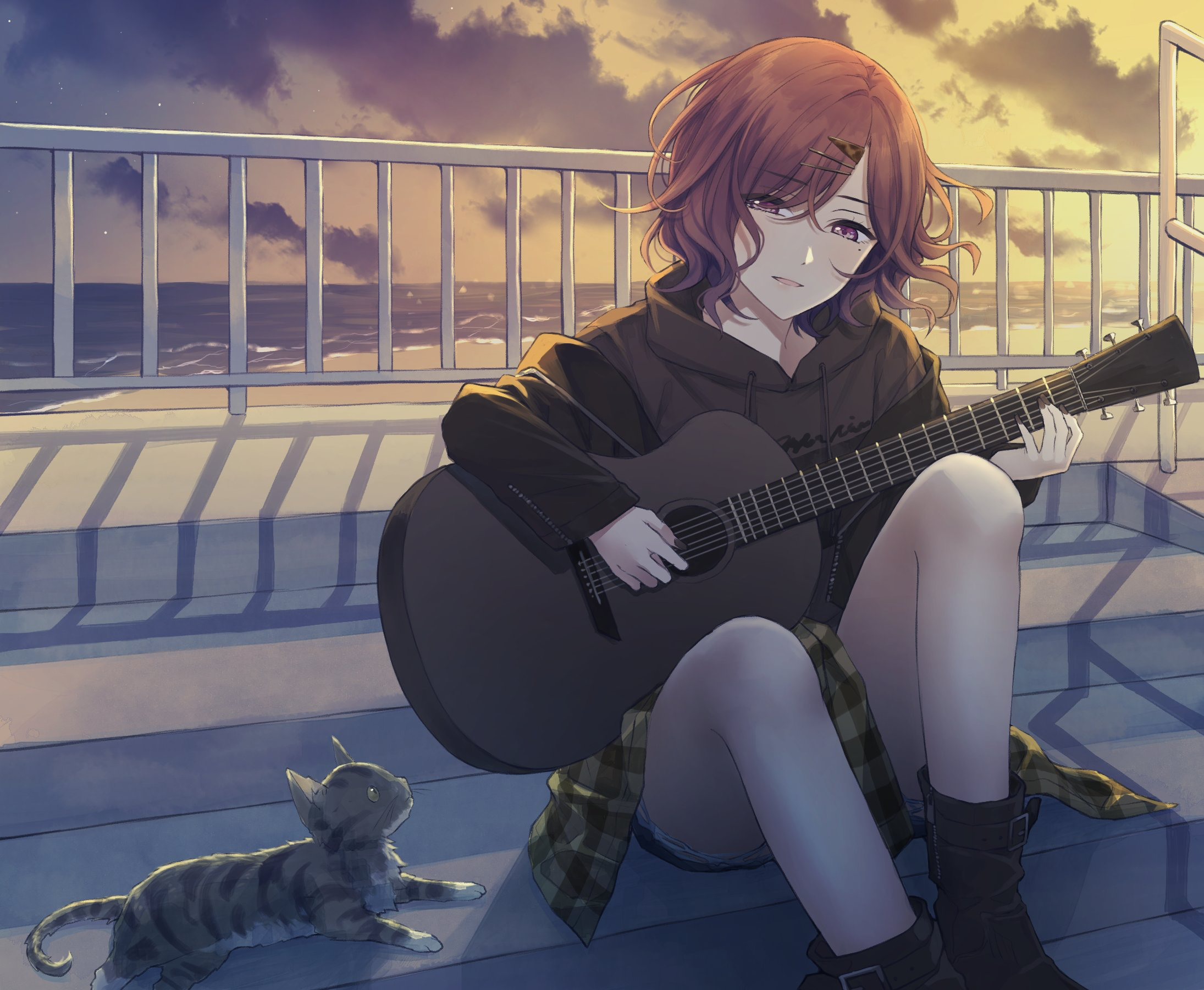 Madoka Higuchi playing guitar with a cat HD Wallpaper