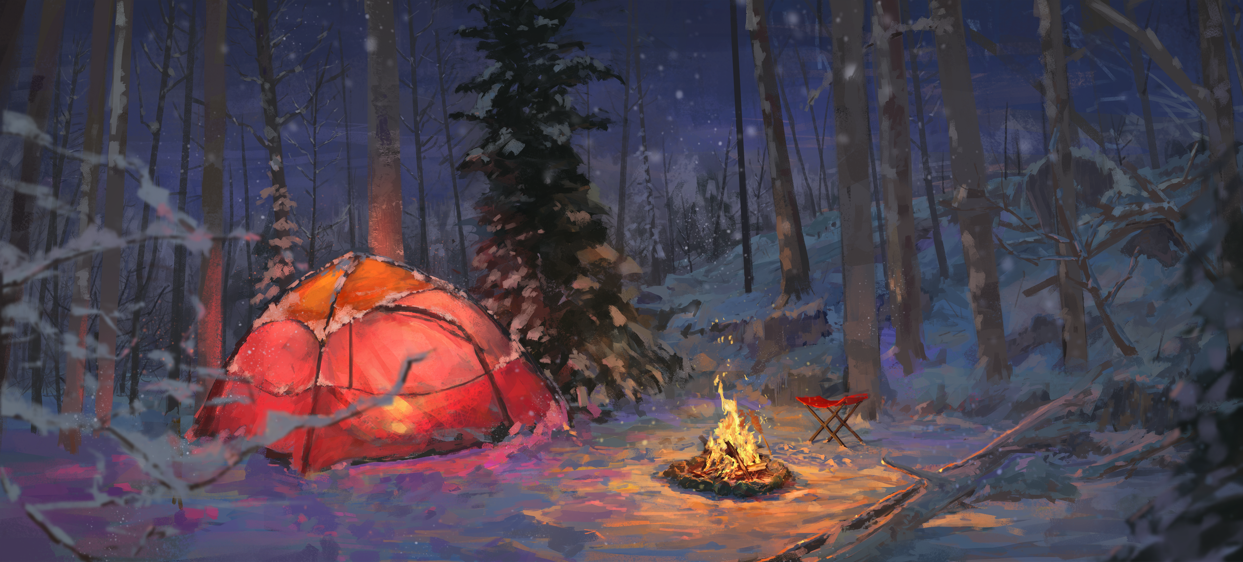 Tent and bonfire in a snowy forest at night HD Wallpaper
