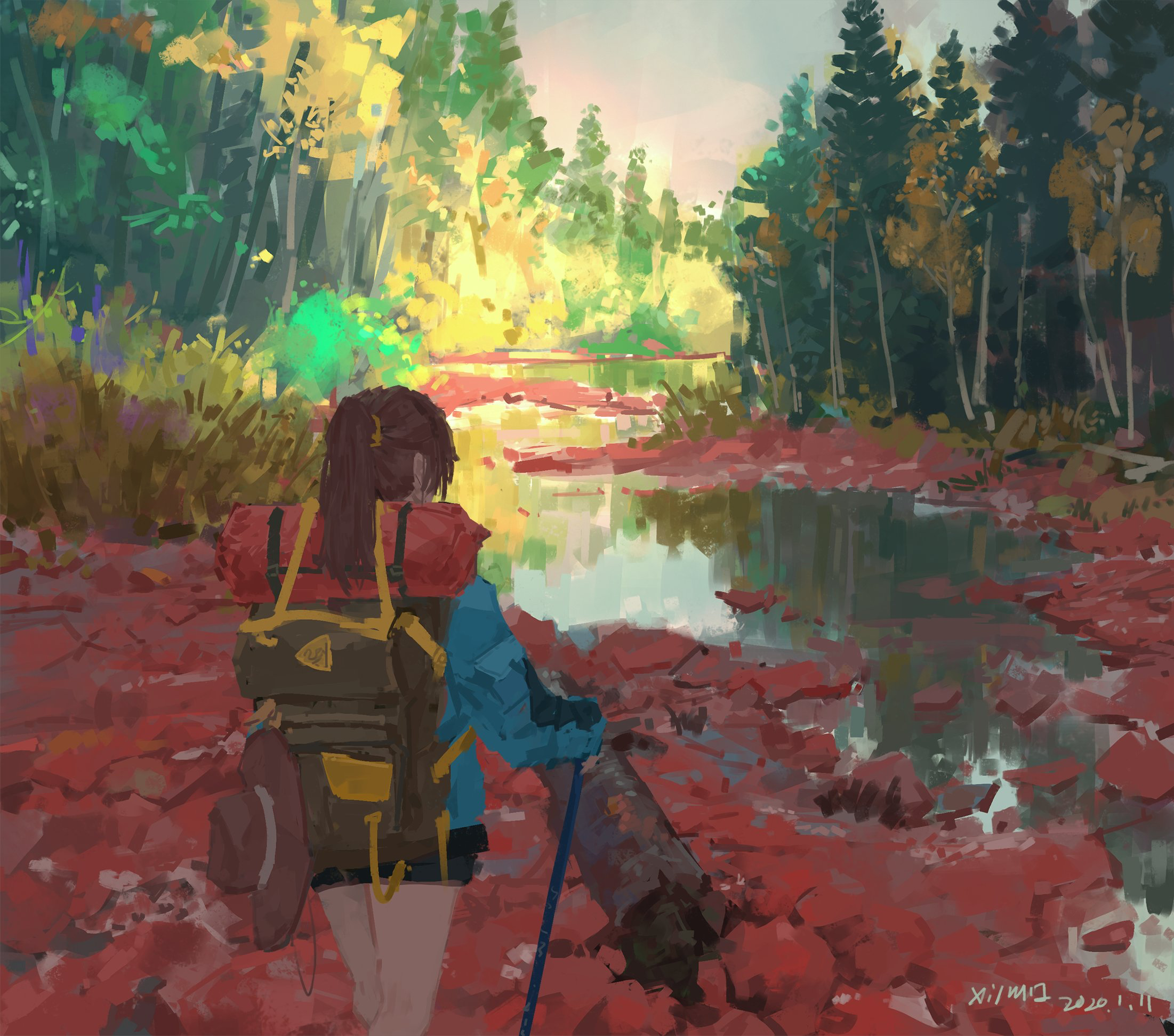 Anime girl hiking by a river in a fall forest HD Wallpaper