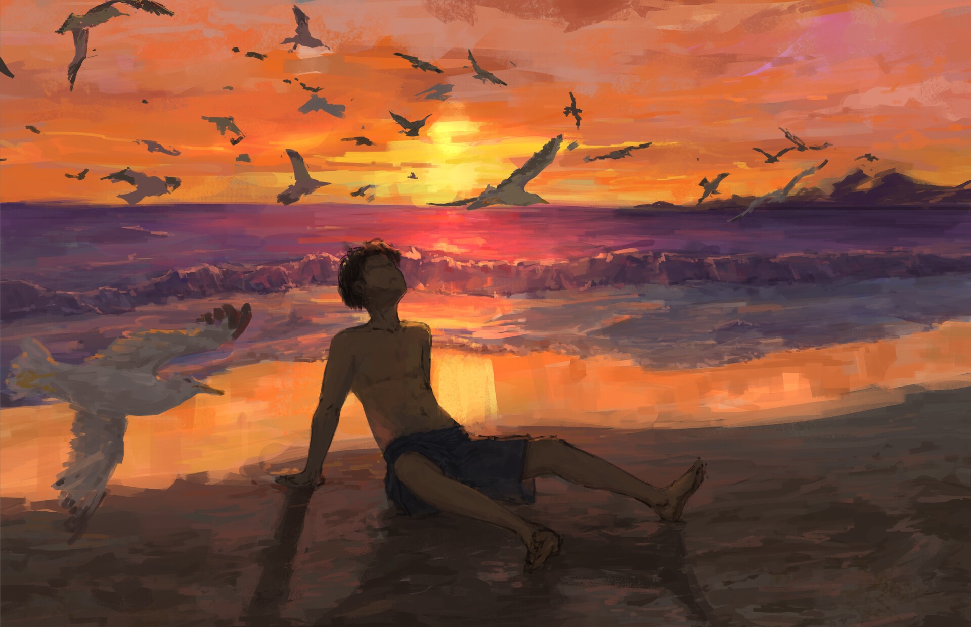Anime boy and seagulls at sunset over the sea HD Wallpaper