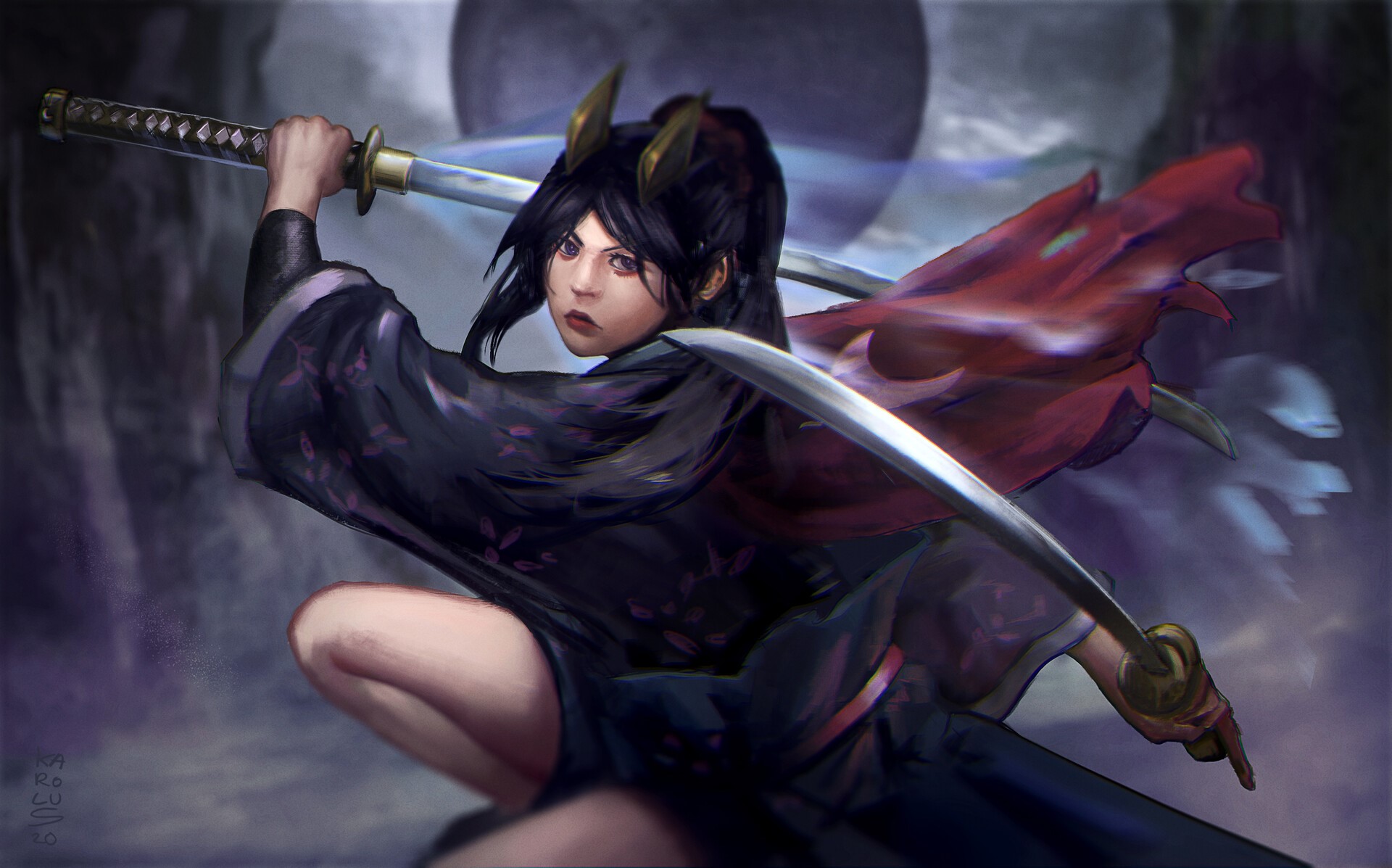 Woman with swords and red cape by Karolus Wijaya HD Wallpaper