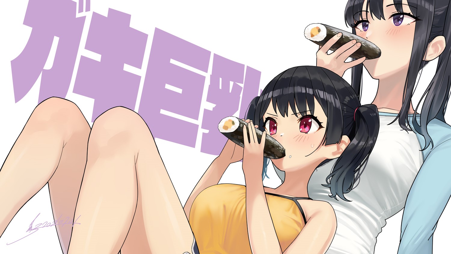 Anime Girls Eating Sushi with Black and Purple Hair HD Wallpaper