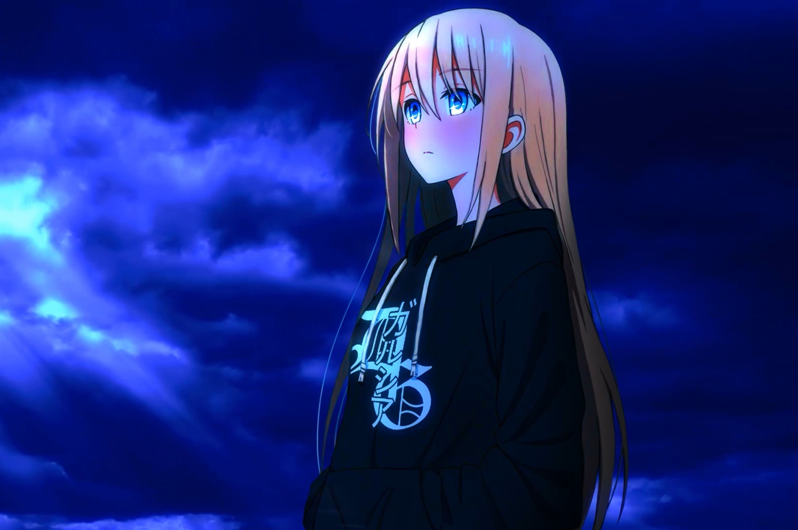 Anime girl with blonde hair and blue eyes at night HD Wallpaper