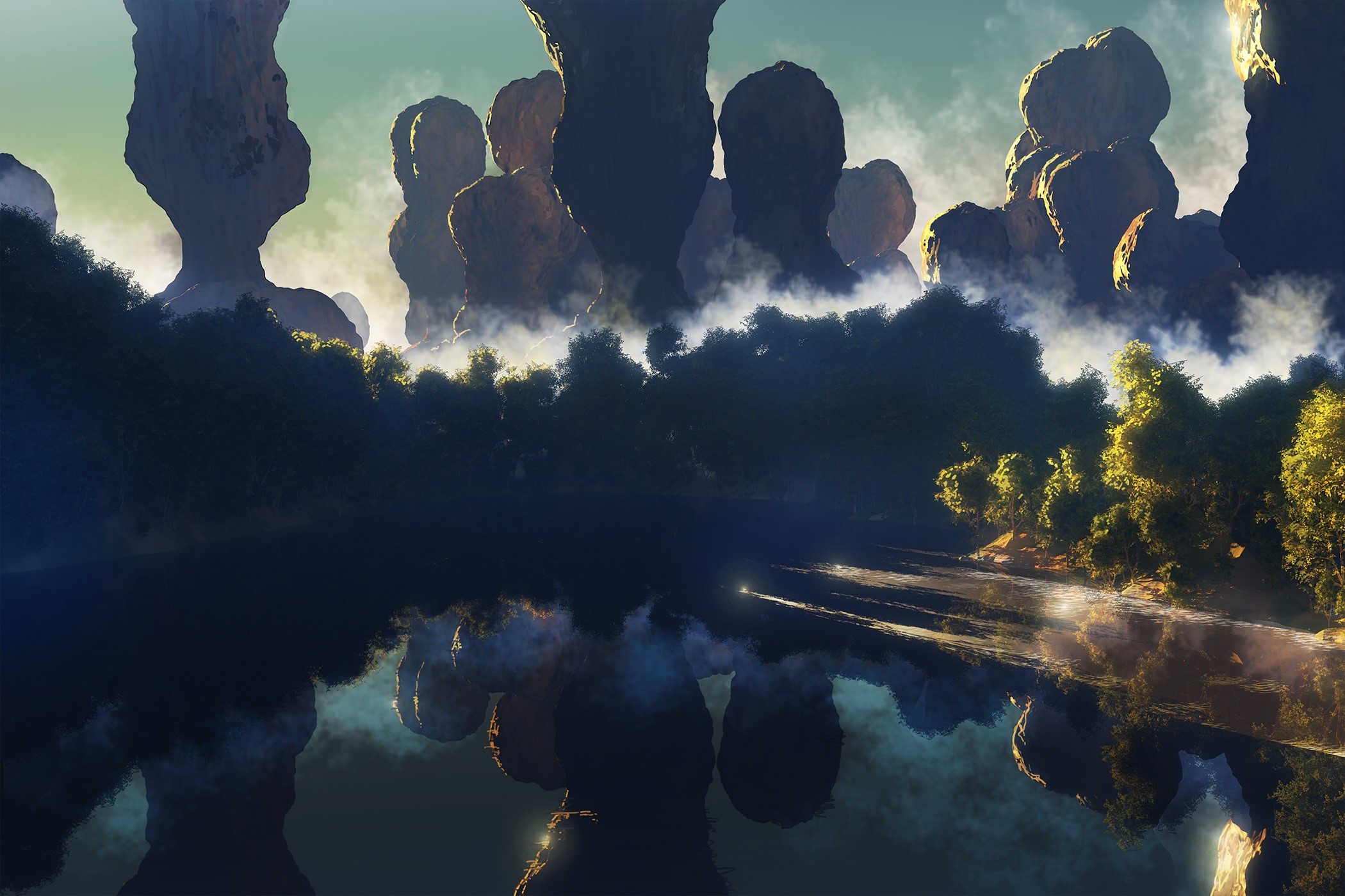 Fantasy art of floating rocks over a forest and lake HD Wallpaper