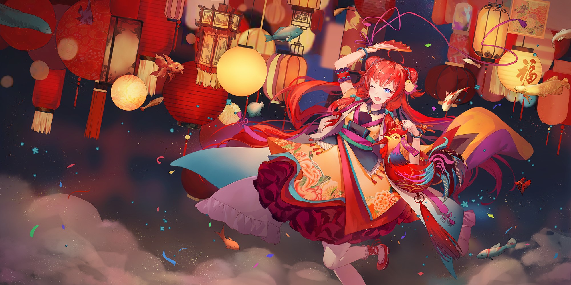 Anime girl with red hair and Chinese clothing among lanterns HD Wallpaper