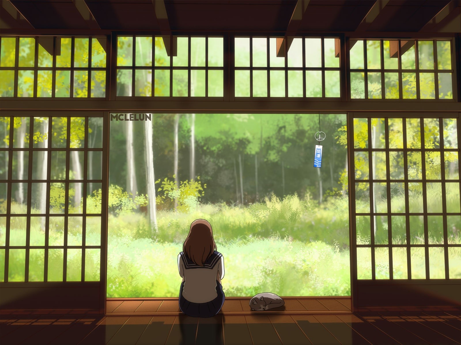 Anime girl and cat looking out at a forest HD Wallpaper