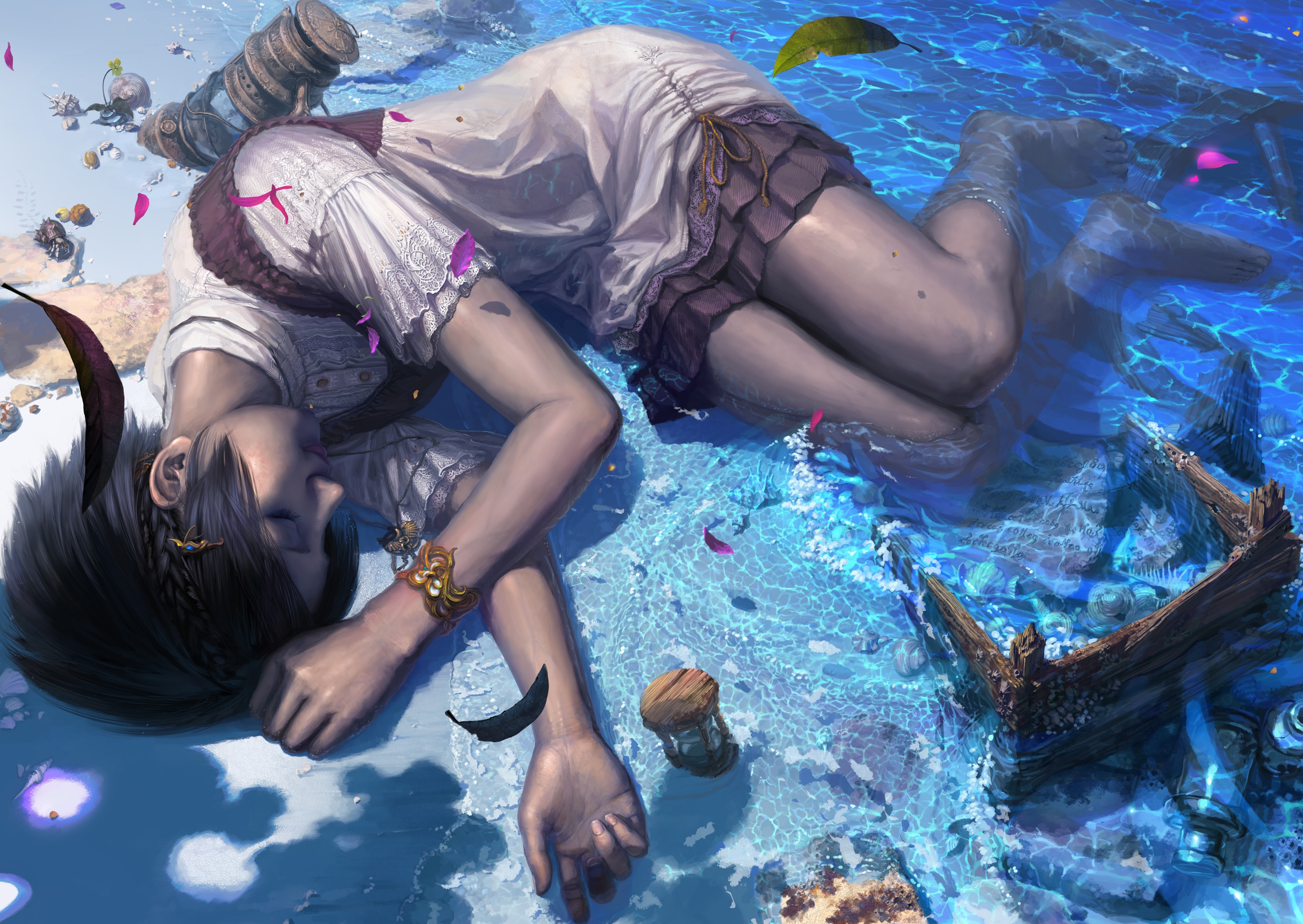 A person lying on the shore near the water HD Wallpaper
