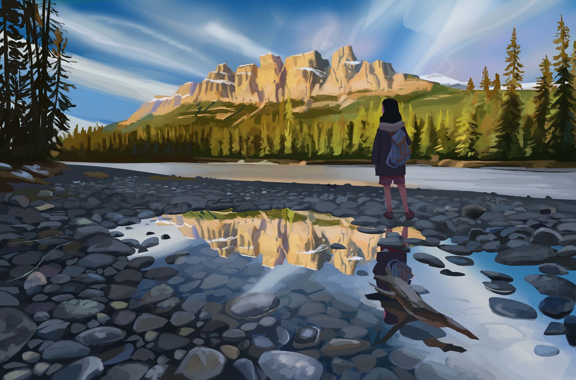 Woman with backpack looking at mountains reflected in water HD Wallpaper
