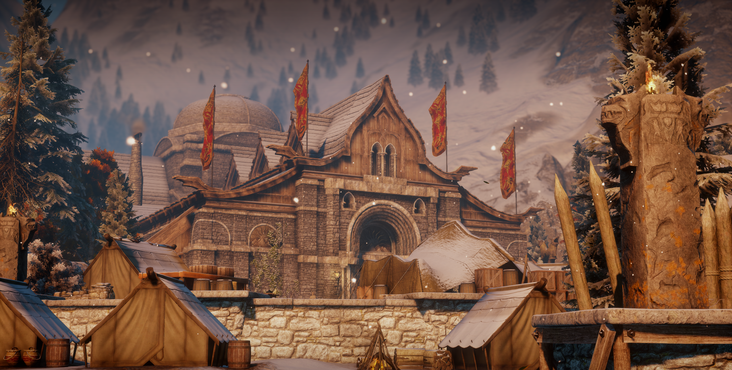 Dragon Age: Inquisition Skyhold in a Snowy Mountain Landscape HD Wallpaper