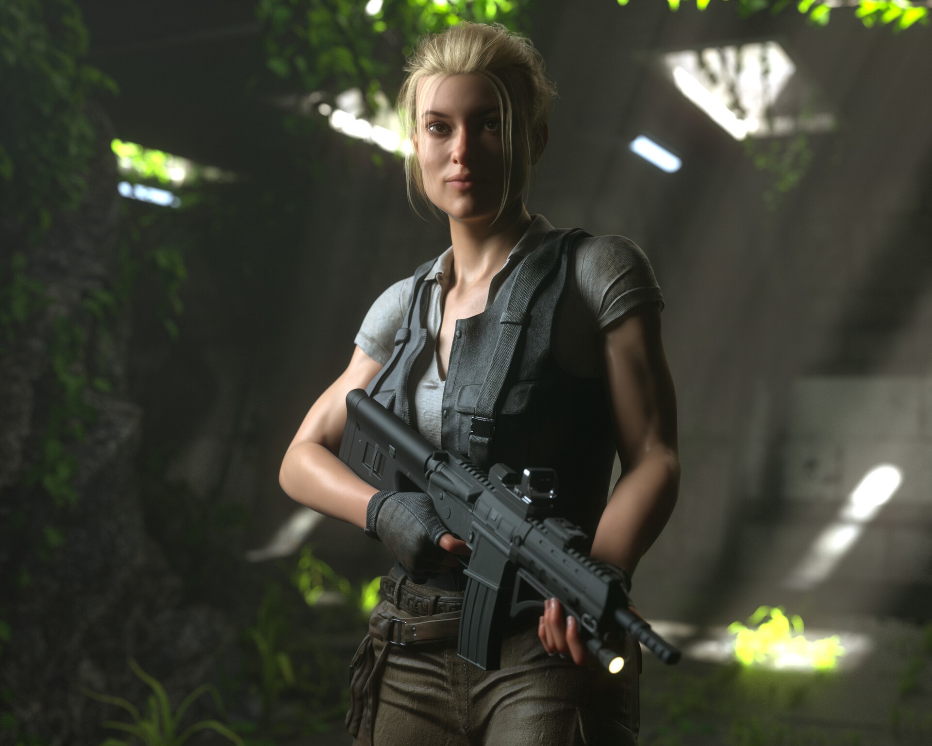 Woman with blonde hair holding a rifle HD Wallpaper