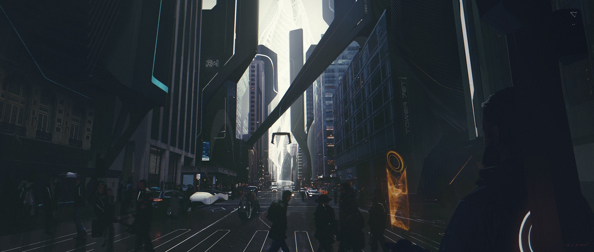 Futuristic city street with people and vehicles HD Wallpaper