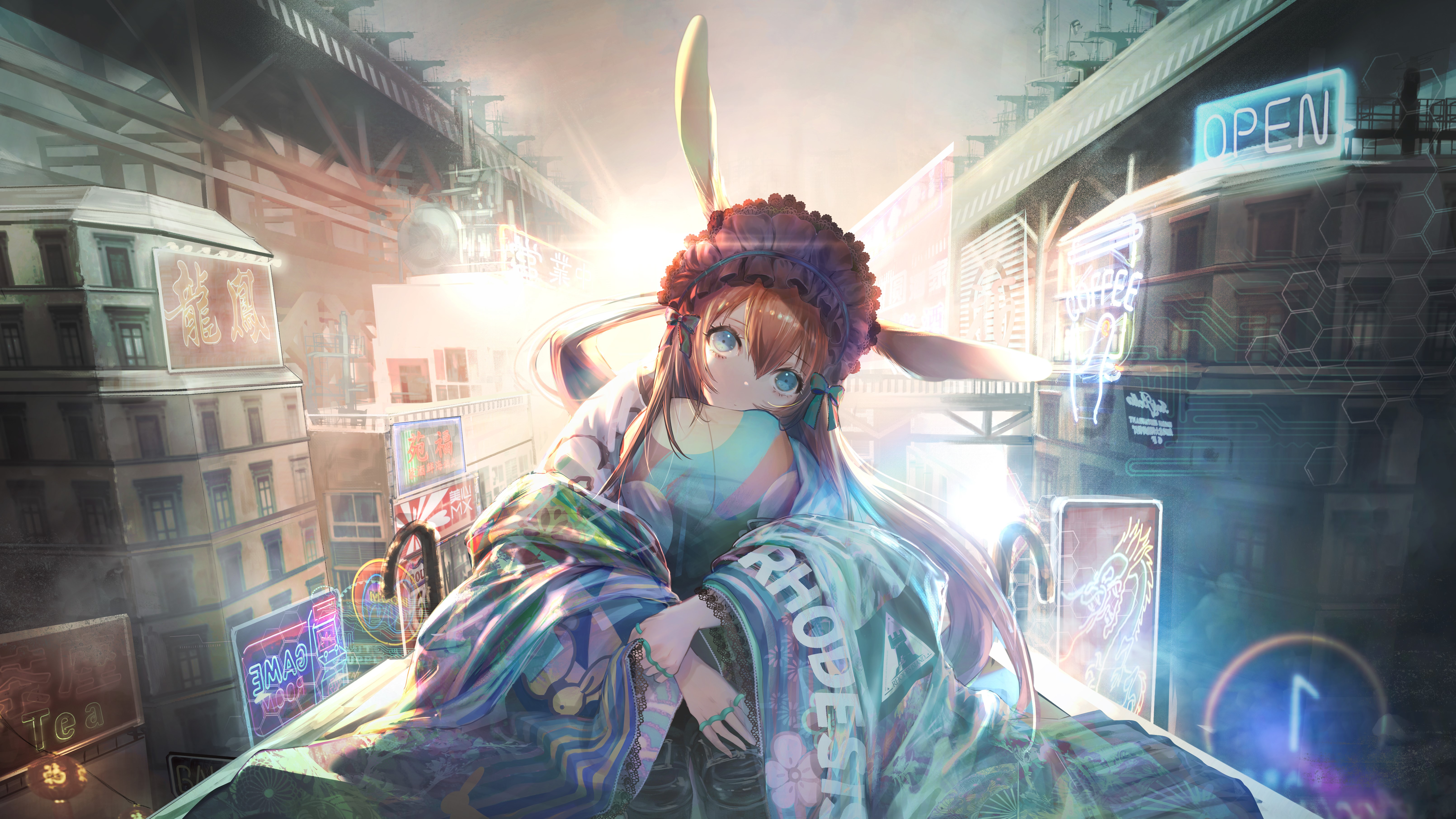 Amiya from Arknights in a futuristic city HD Wallpaper