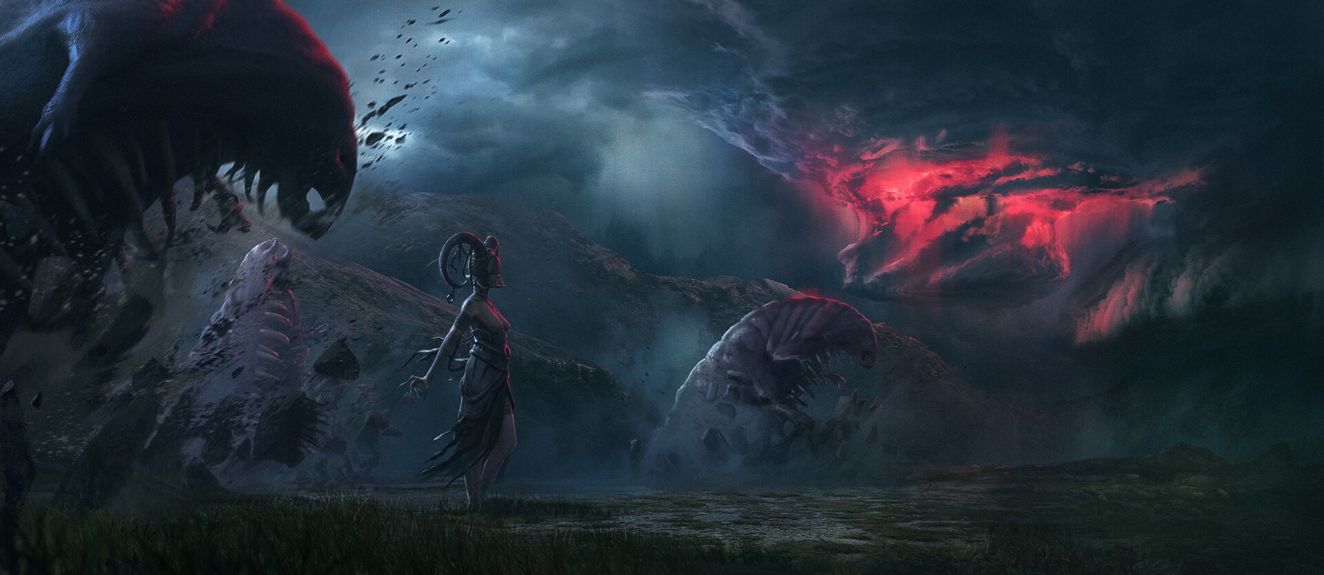 Fantasy art of a horned woman and creatures HD Wallpaper