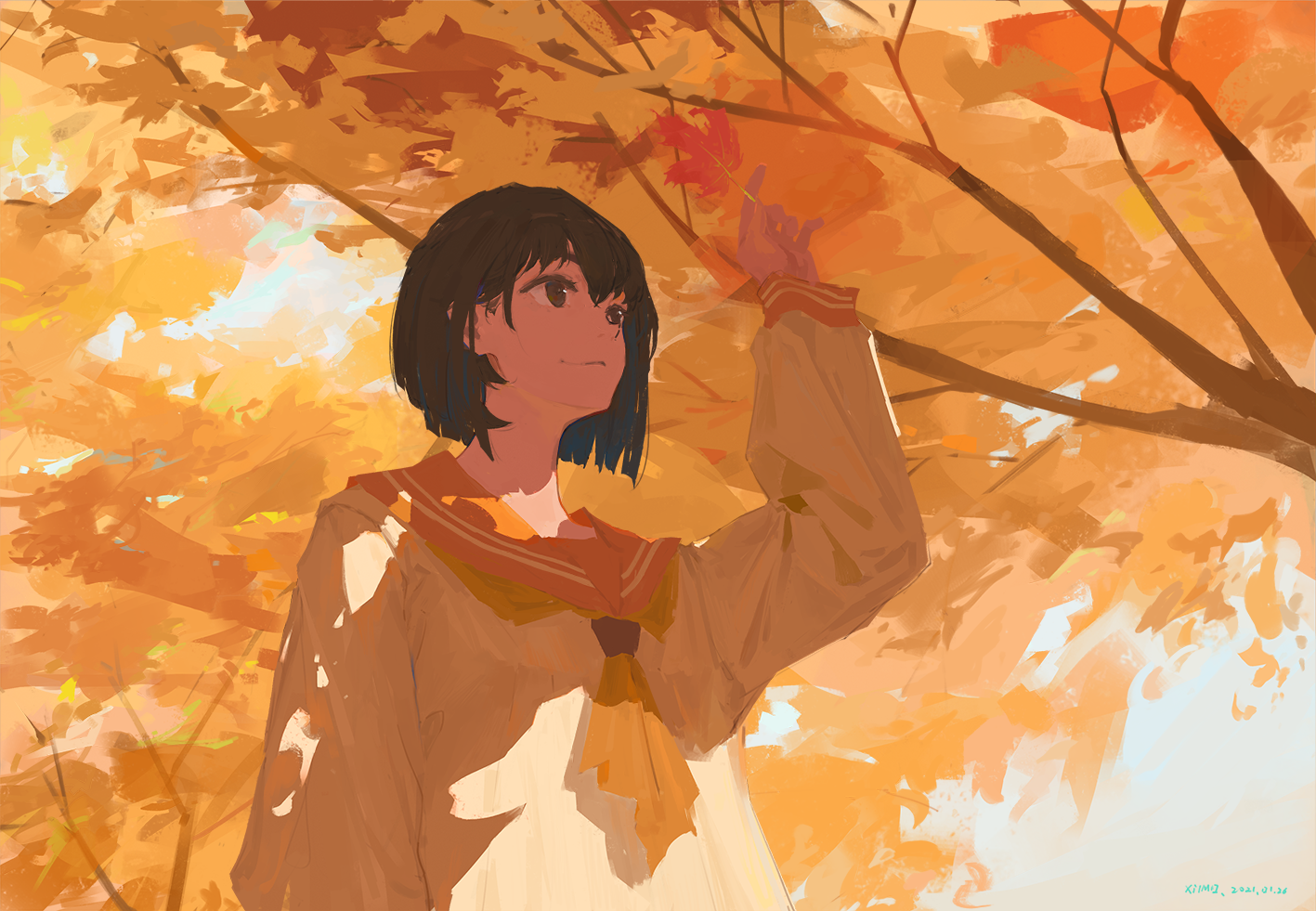 Anime girl in school uniform holding a maple leaf in autumn HD Wallpaper