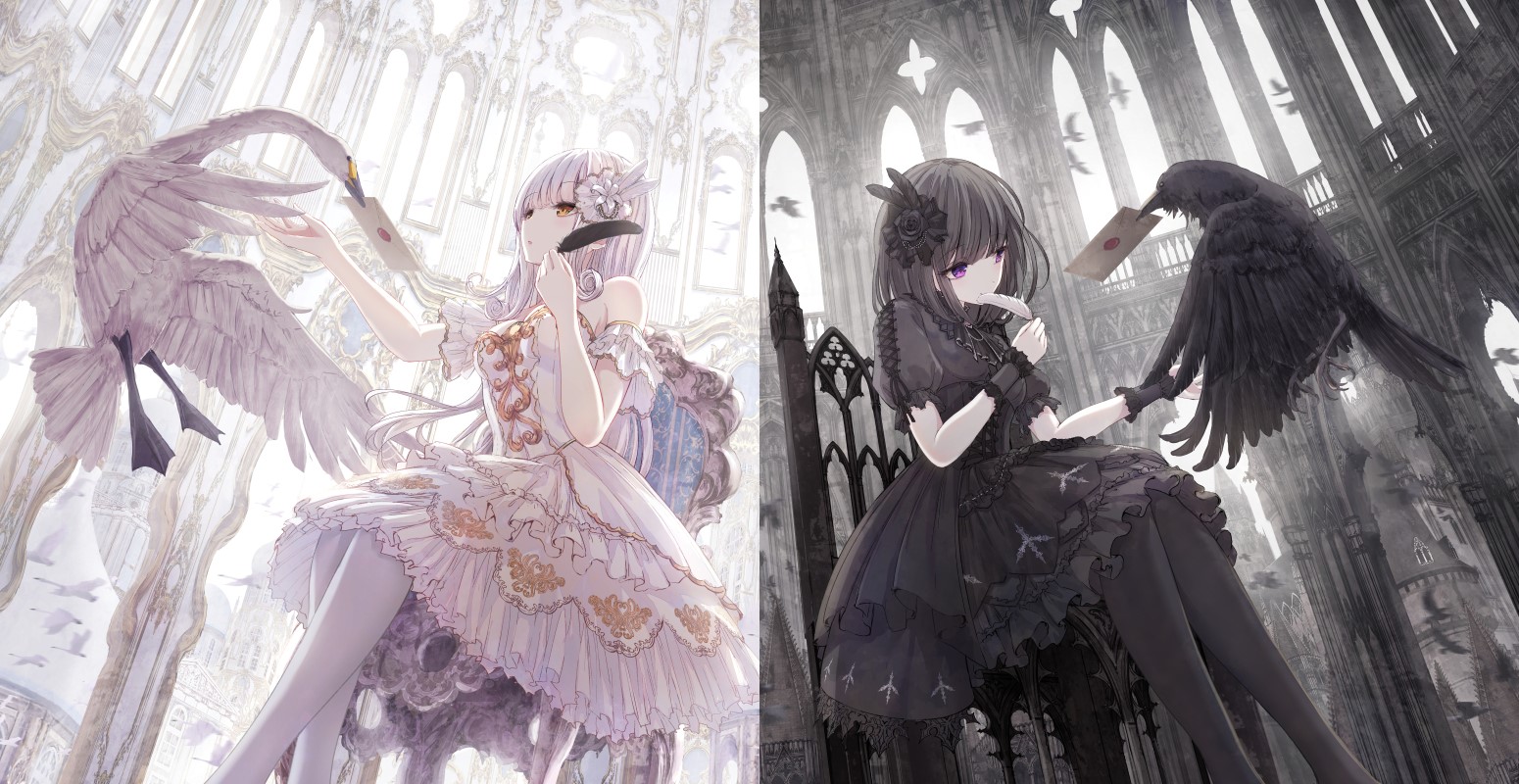 Anime girls with swan and crow in gothic architecture HD Wallpaper