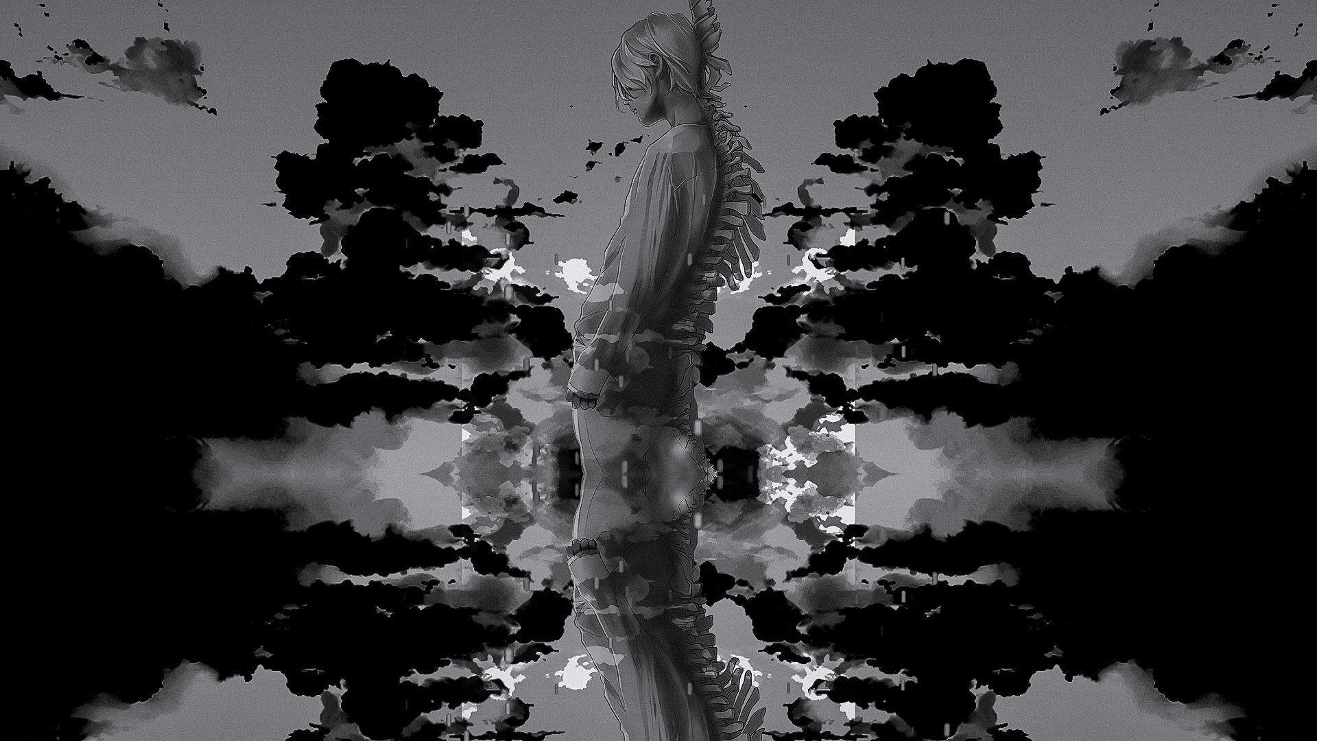 Anime boy with skeletal spine and clouds HD Wallpaper