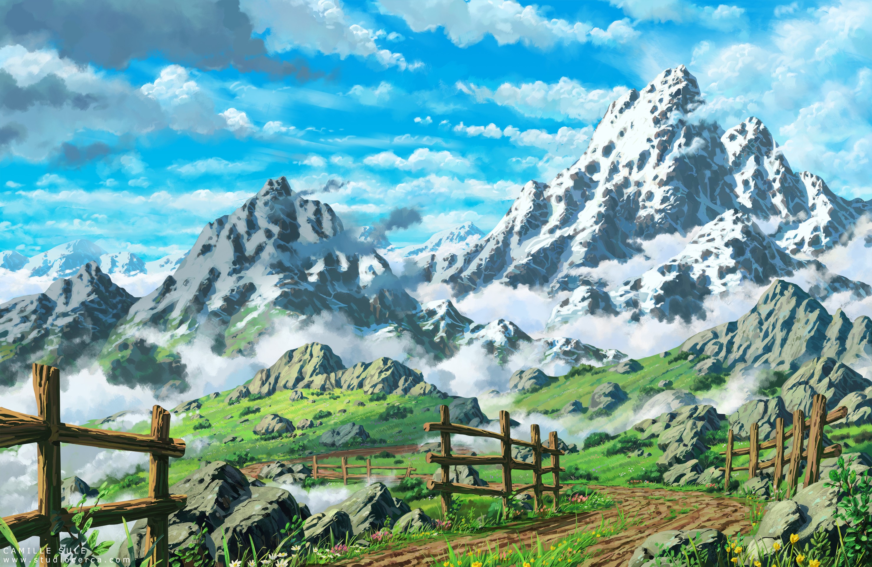 Digital art of snow-capped mountains and green valleys HD Wallpaper