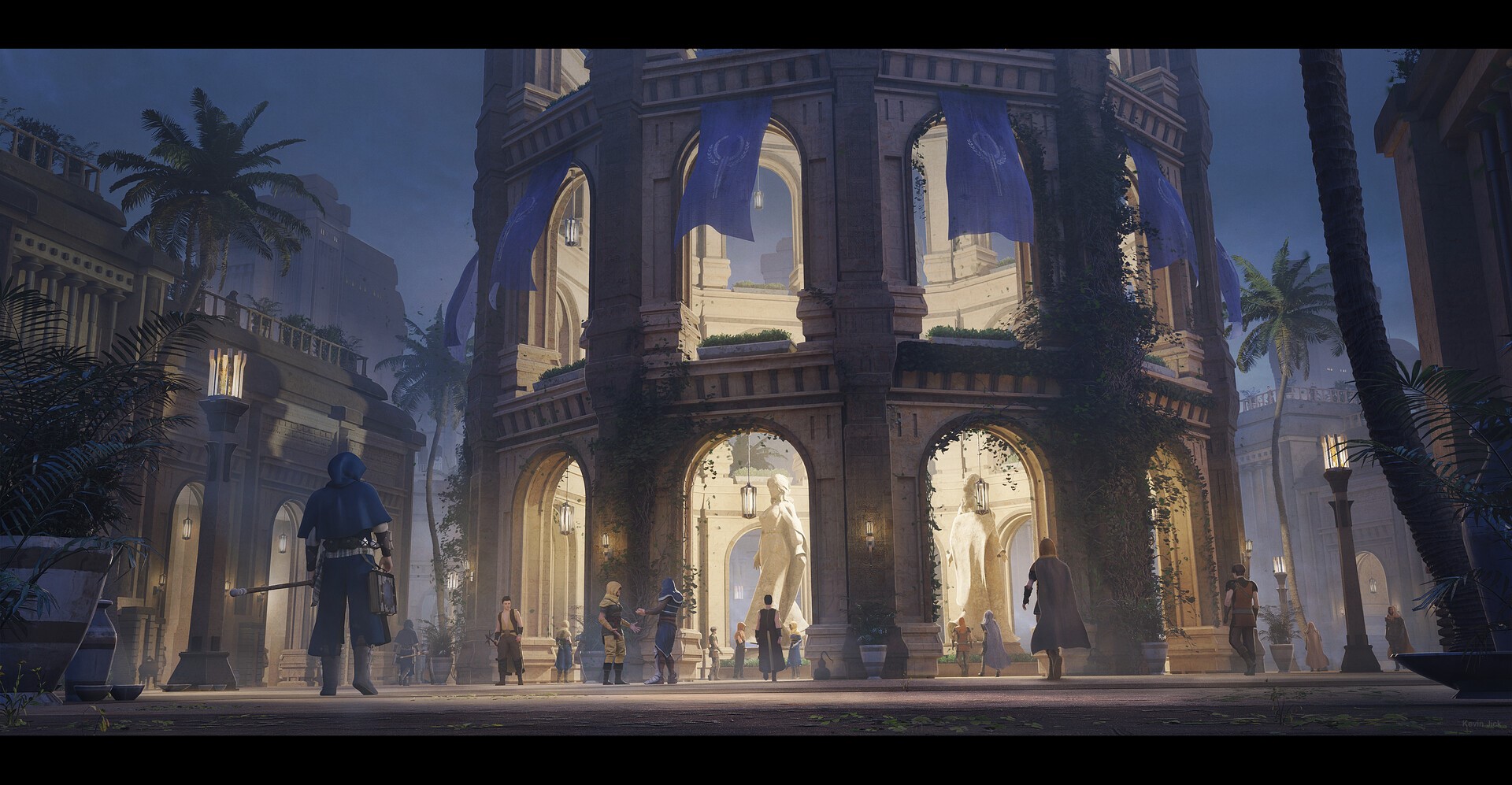Fantasy city square with people and statues at dusk HD Wallpaper