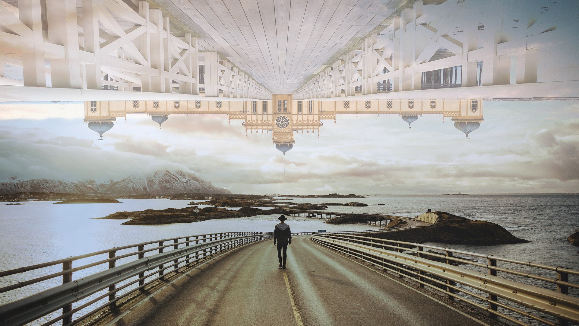 Man walking on Atlanterhavsveien, Norway, with inverted architecture HD Wallpaper