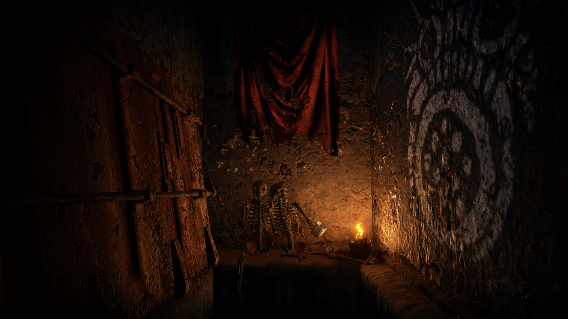 Two skeletons in a dark room with a torch HD Wallpaper