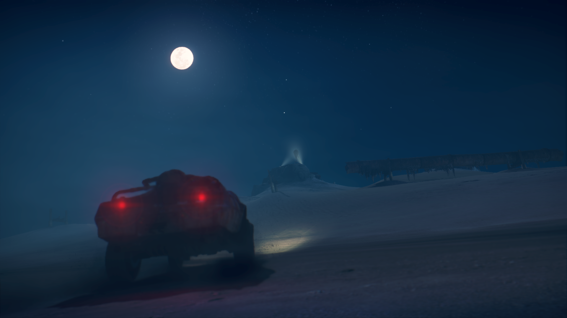 Vehicle on a snowy landscape under the moon HD Wallpaper