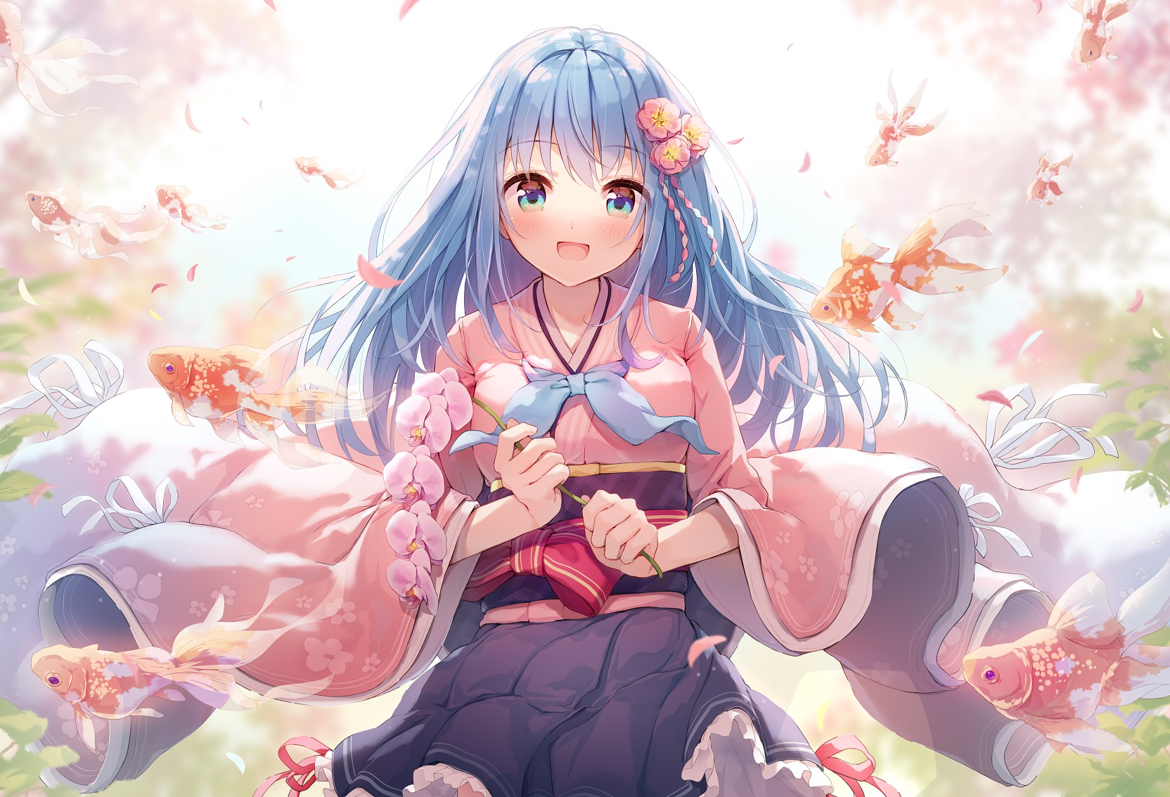 Anime girl with blue hair and goldfish HD Wallpaper