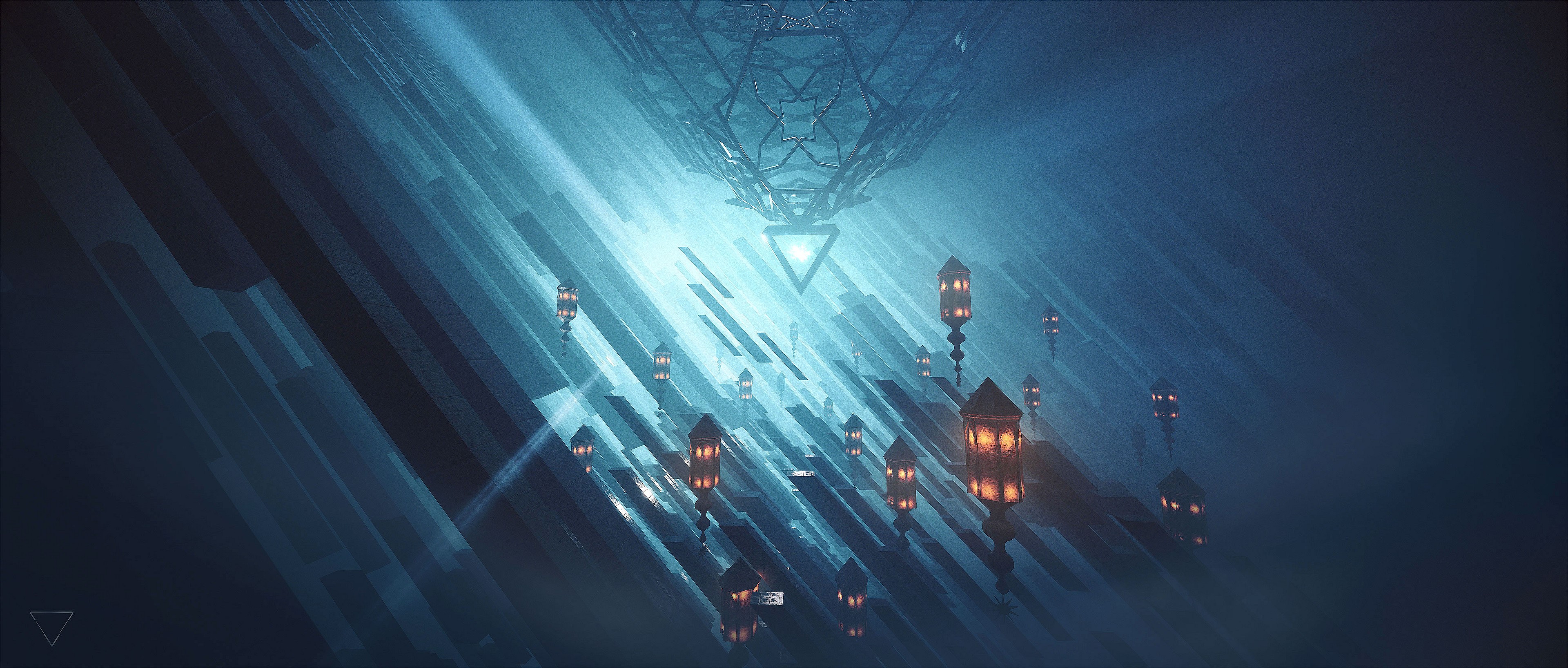 4K digital art of a futuristic structure with lanterns HD Wallpaper