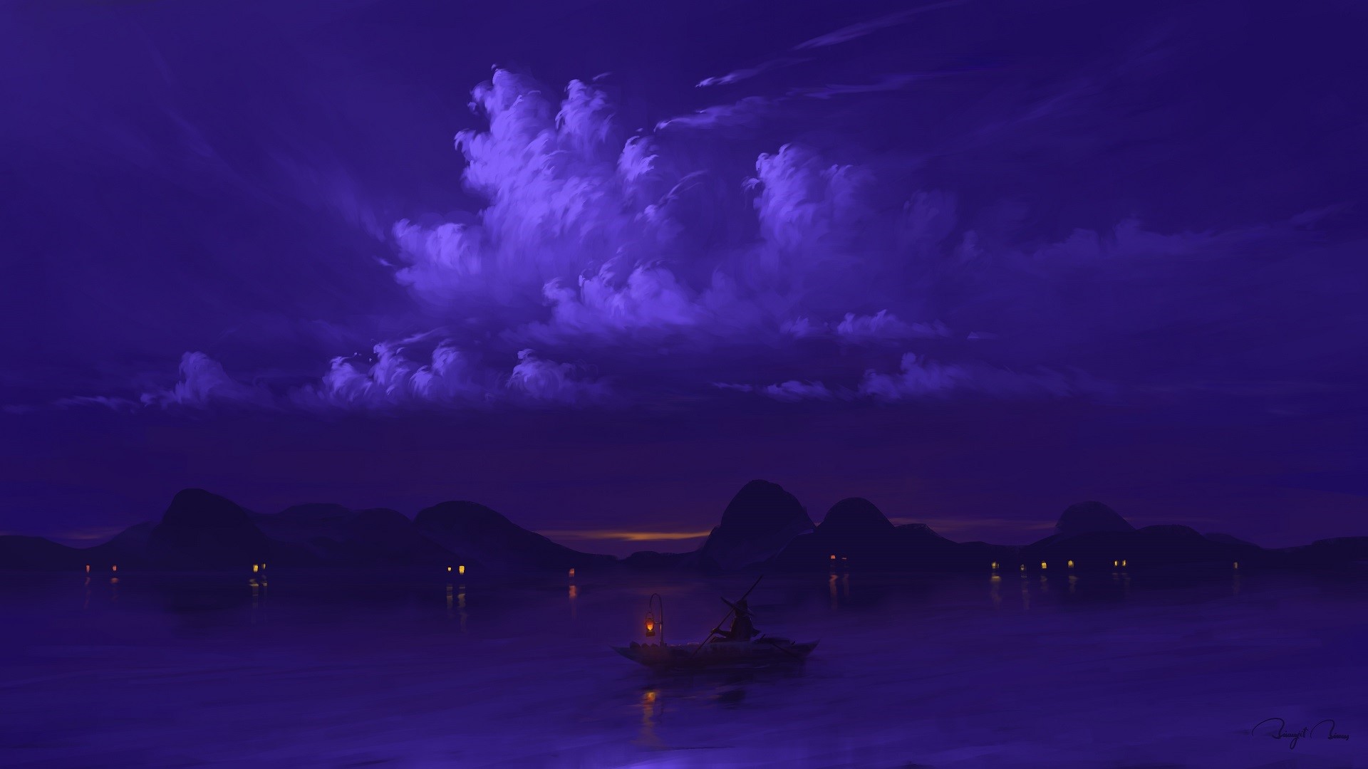 Boat with lantern on water at night with mountains HD Wallpaper
