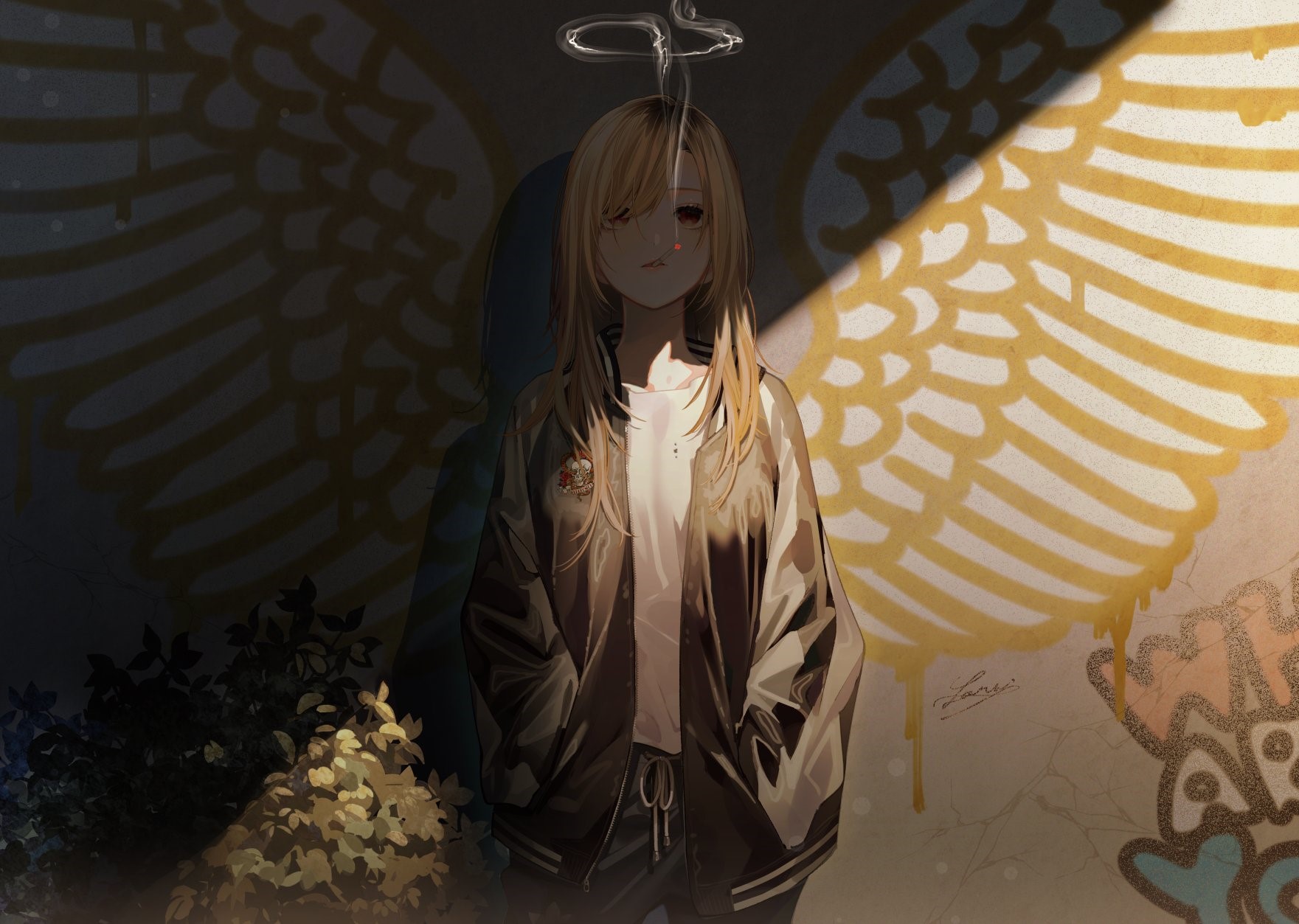 Anime girl with blonde hair and angel wings graffiti HD Wallpaper