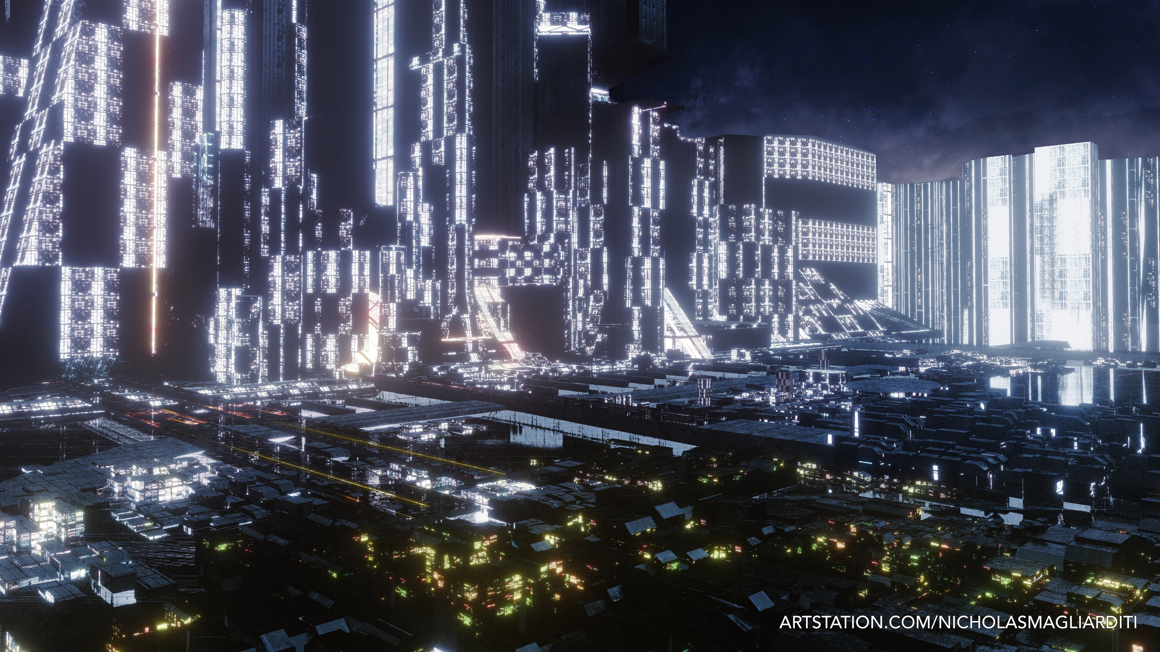 4K Futuristic Cyberpunk Cityscape by Nicholas Magliarditi HD Wallpaper