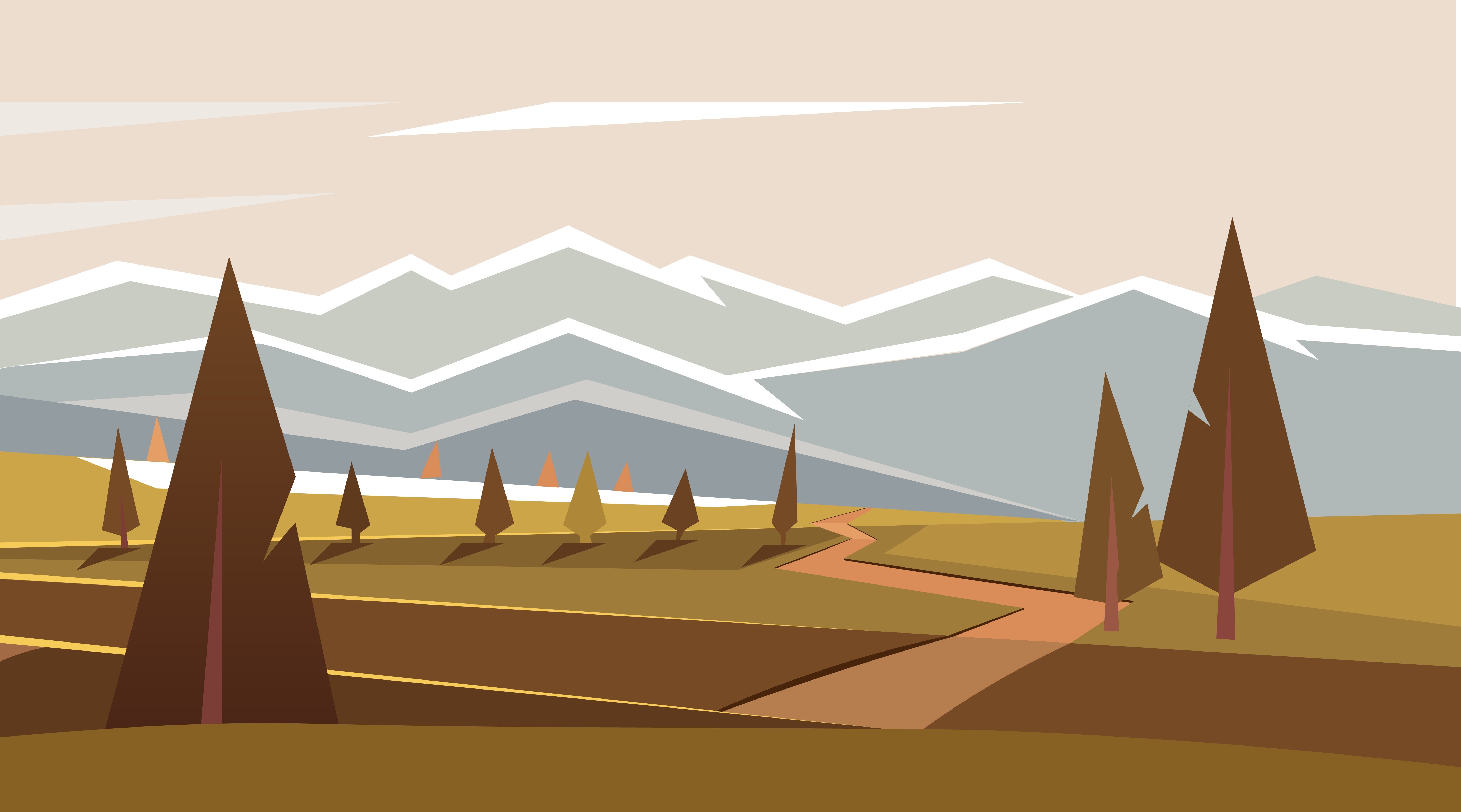 Abstract landscape with trees and mountains HD Wallpaper