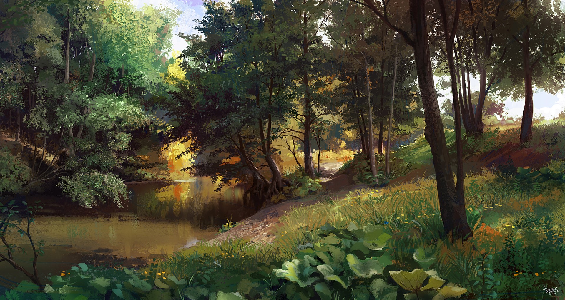Digital artwork of a forest scene with a river HD Wallpaper