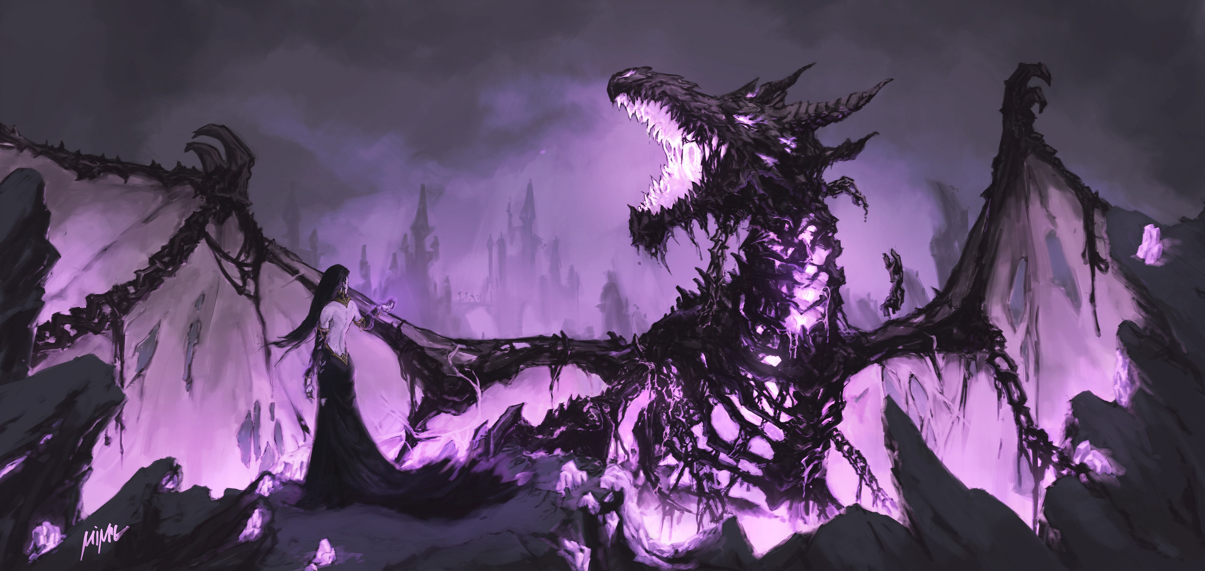 Skeleton Dragon and Sorceress by Miguel Blanco HD Wallpaper