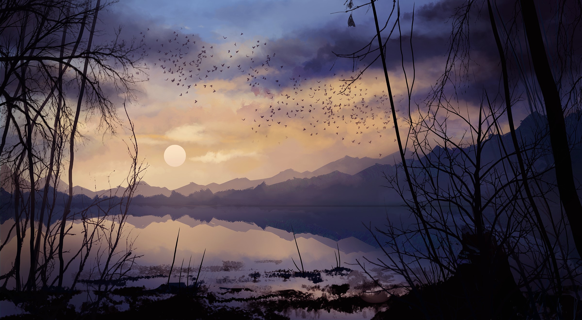 Digital artwork of a lake at sunset with birds flying HD Wallpaper